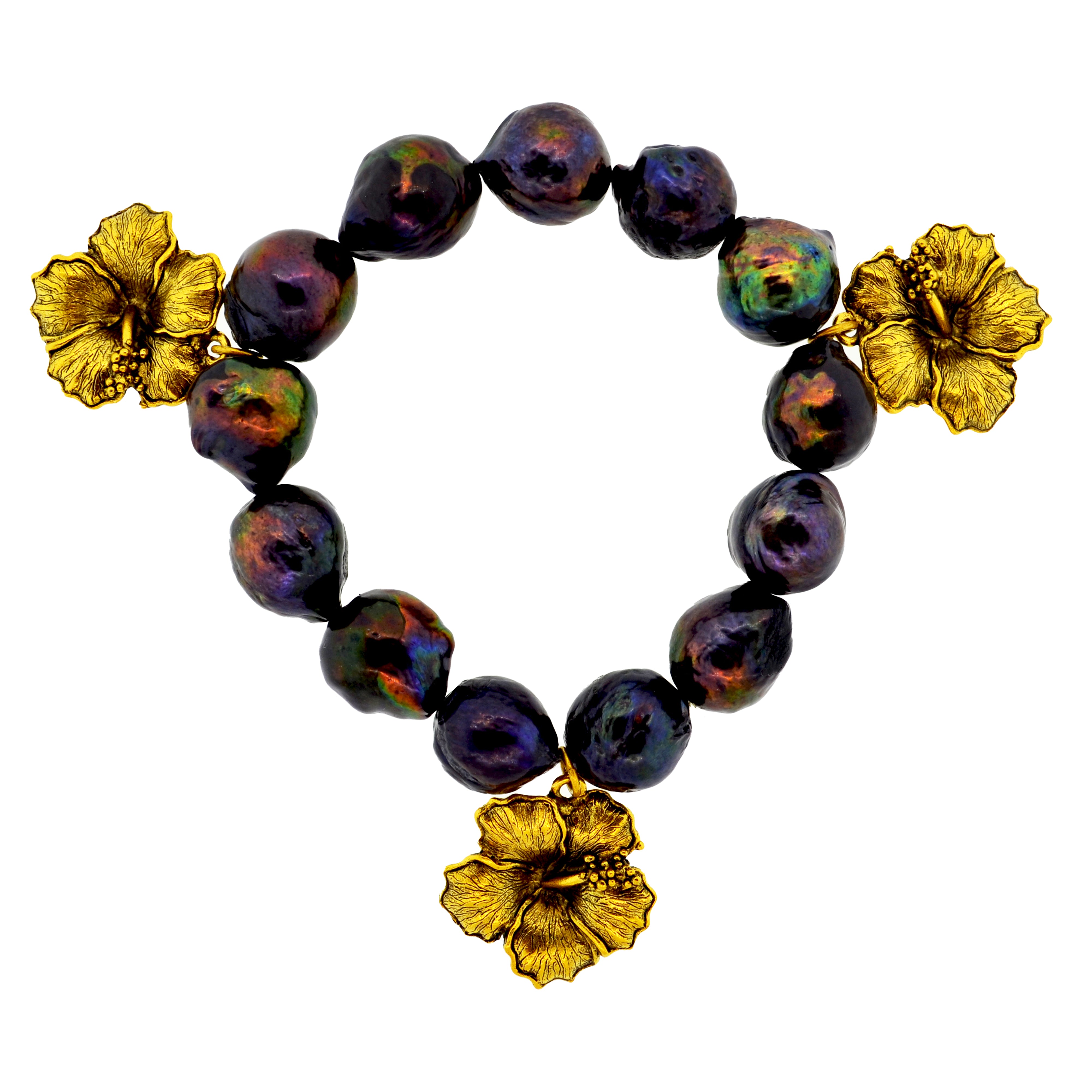 Peacock Baroque Pearl Hibiscus Botanical Bracelet