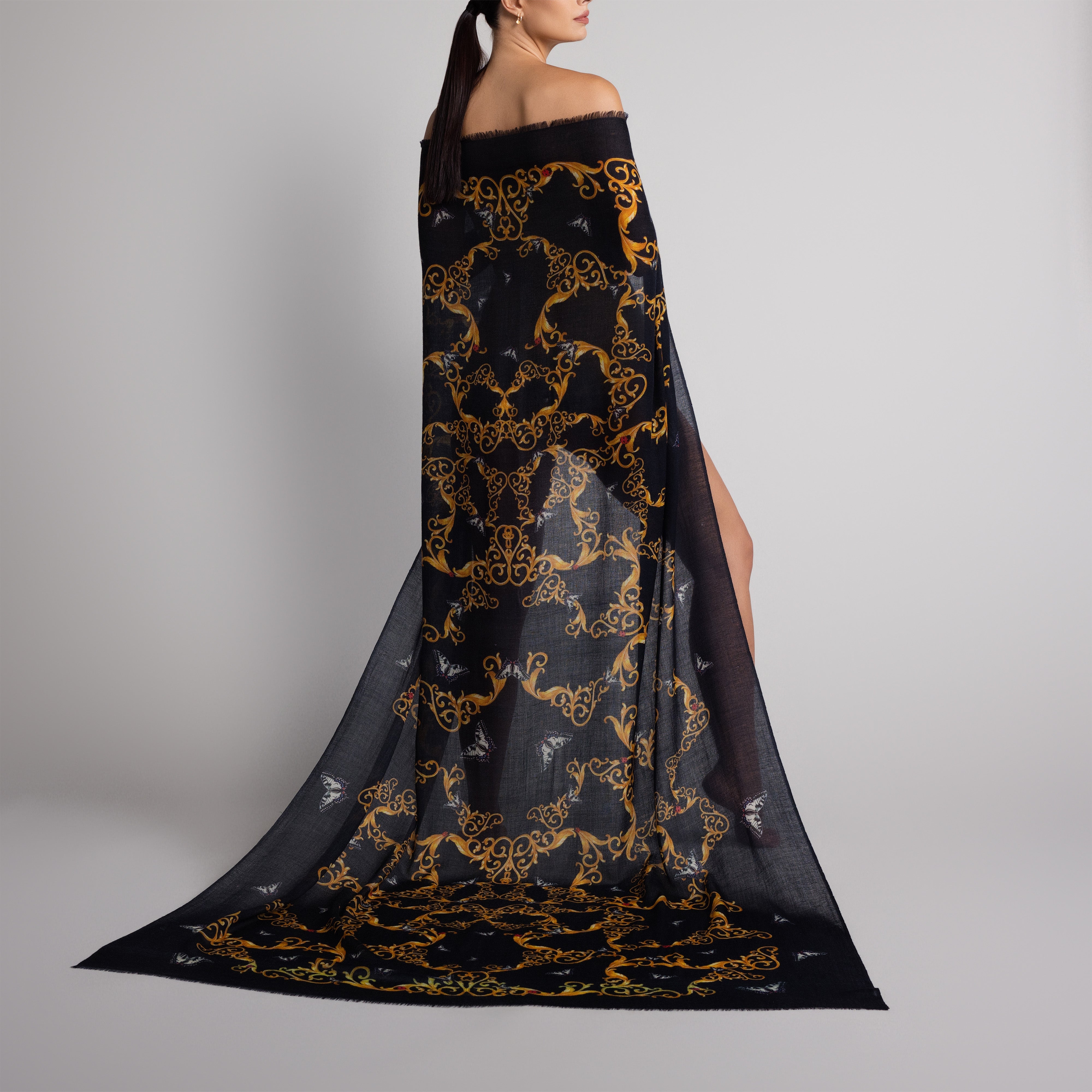 Butterfly & Baroque 100% Cashmere Scarf in Black