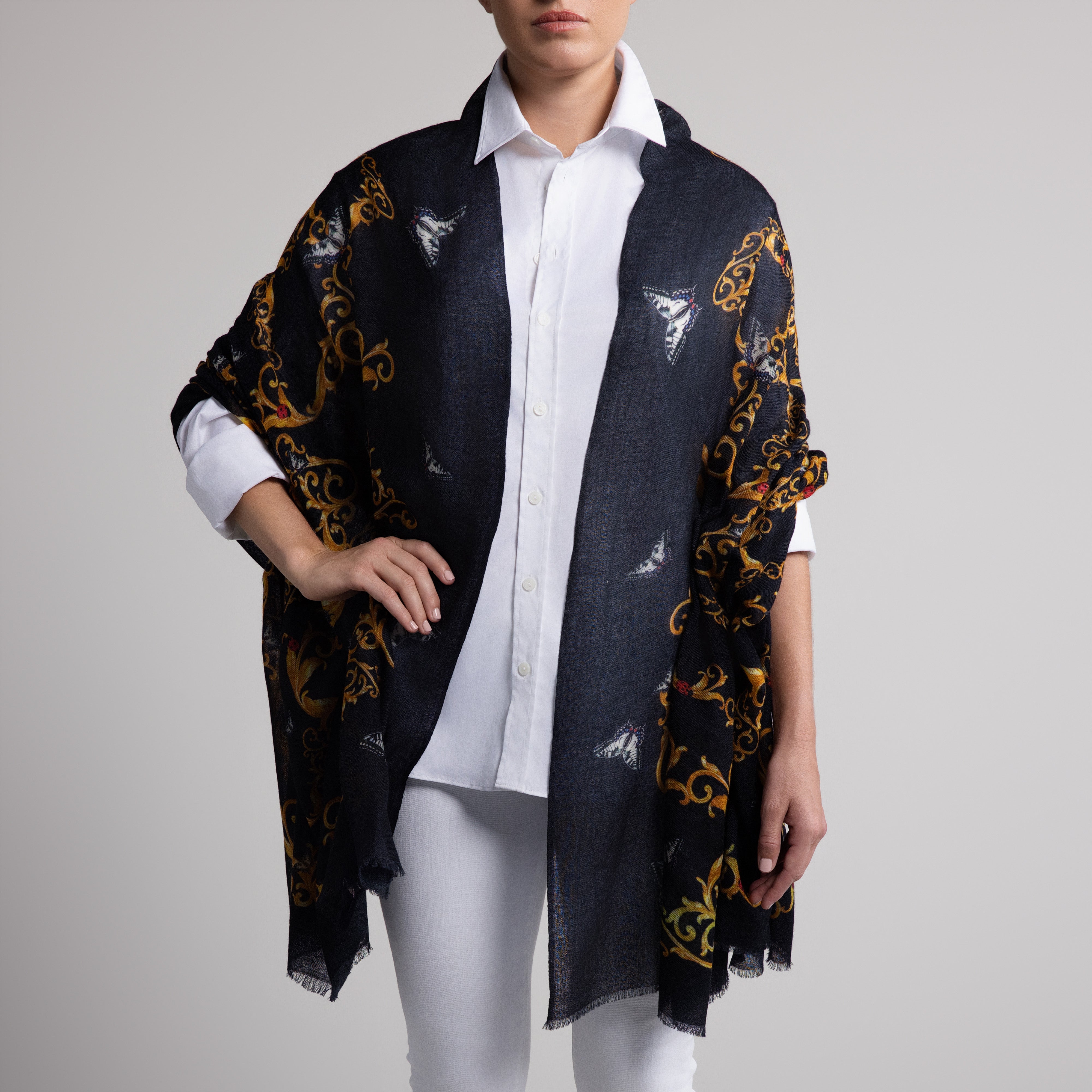 Butterfly & Baroque 100% Cashmere Scarf in Black