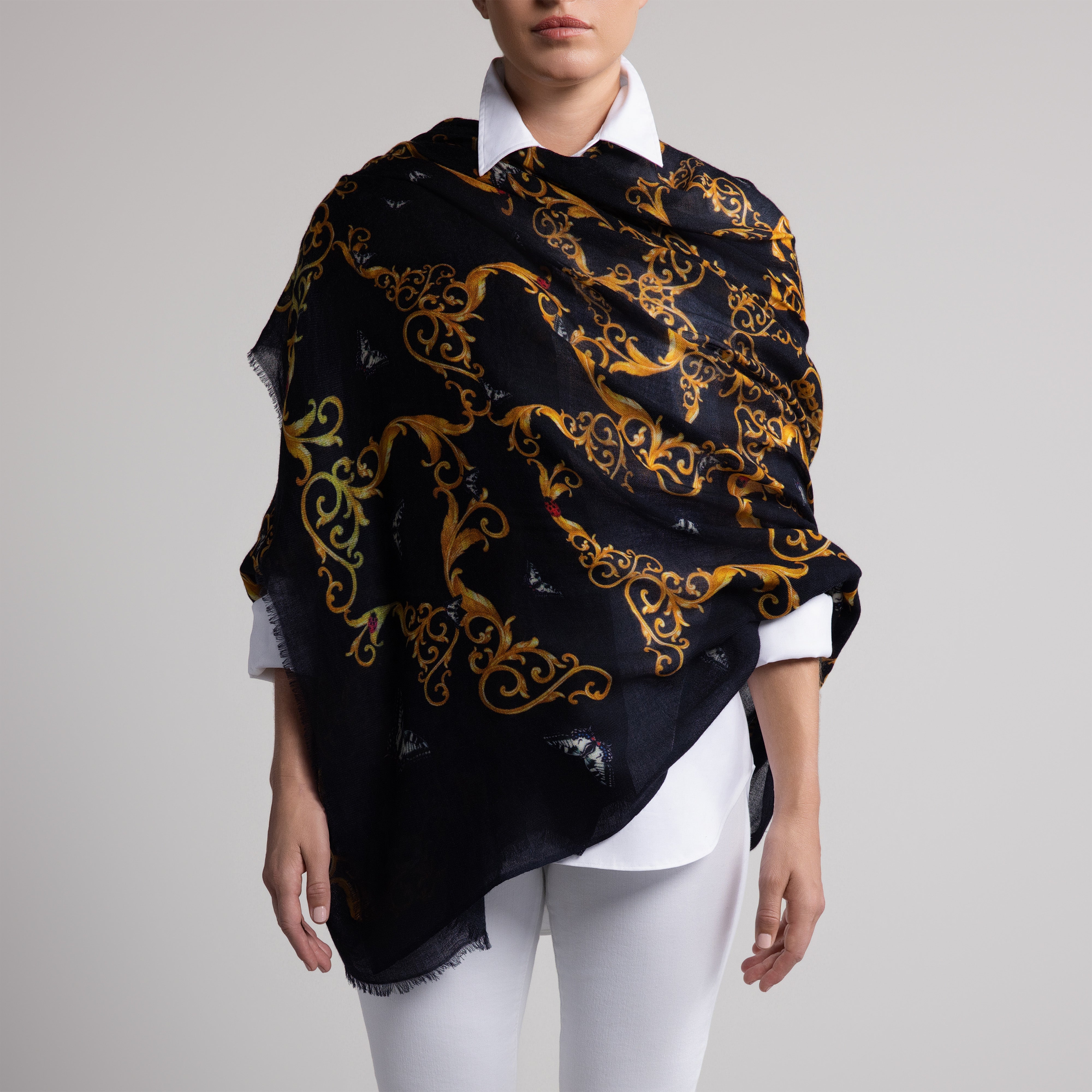 Butterfly & Baroque 100% Cashmere Scarf in Black