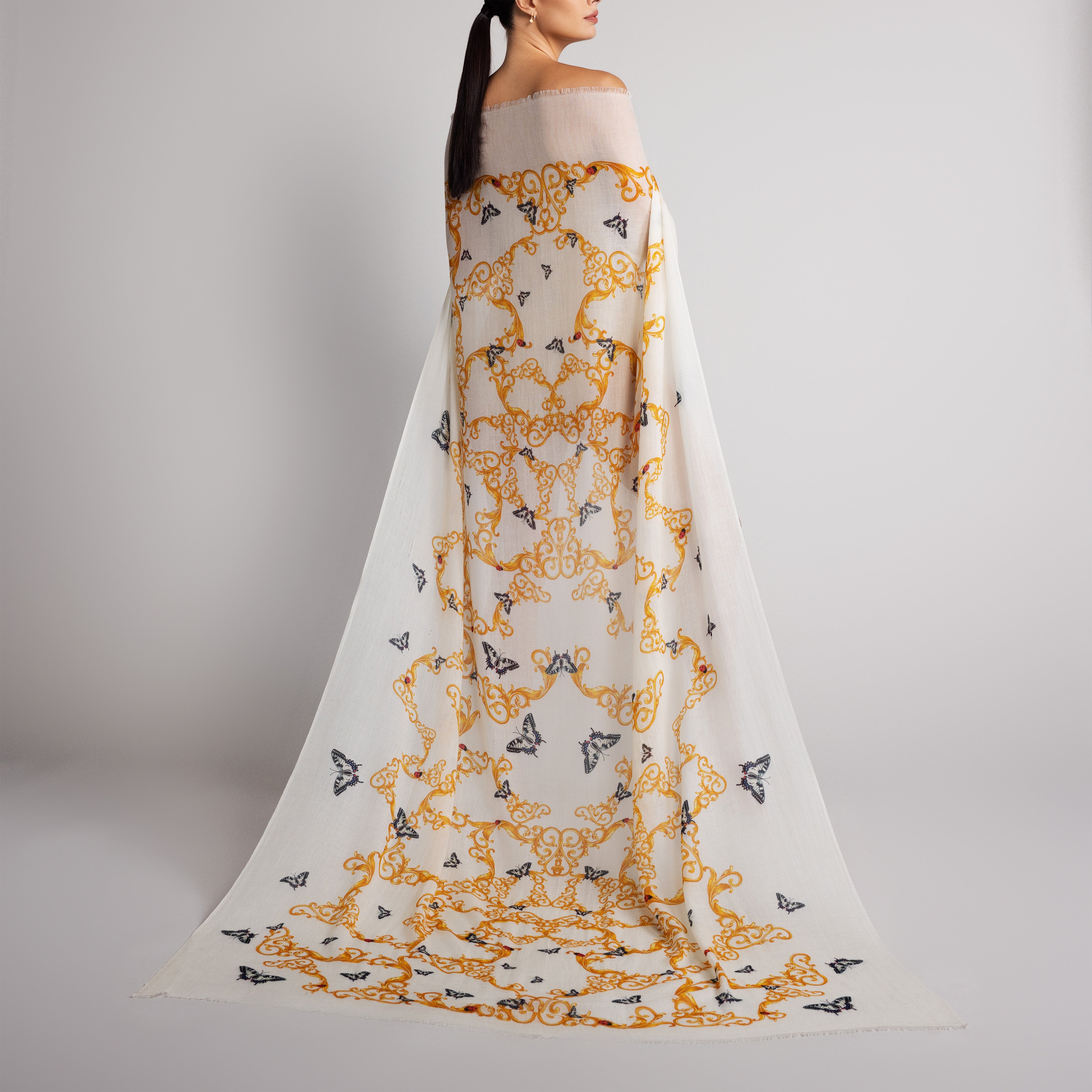 Butterfly & Baroque 100% Cashmere Scarf in Cream
