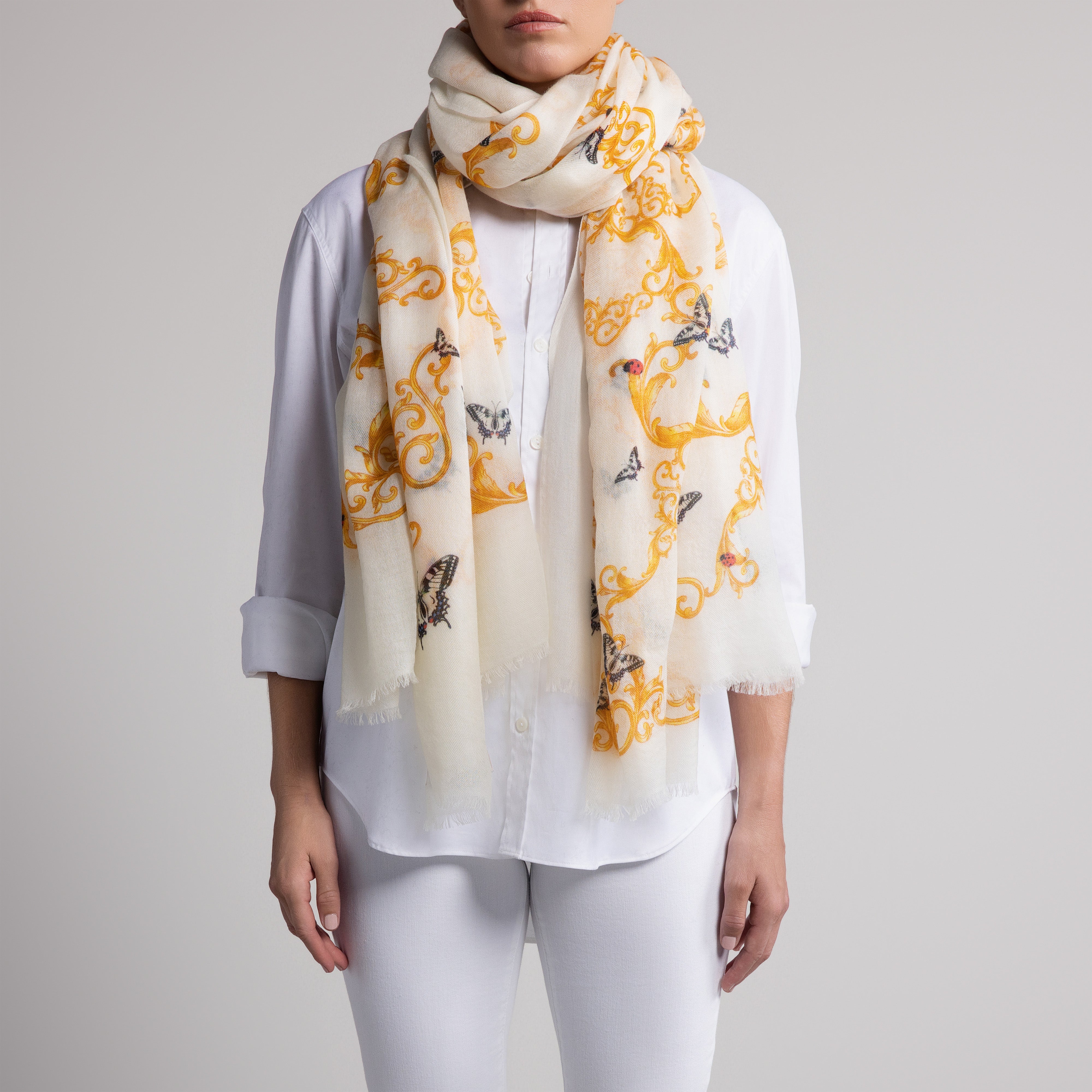 Butterfly & Baroque 100% Cashmere Scarf in Cream