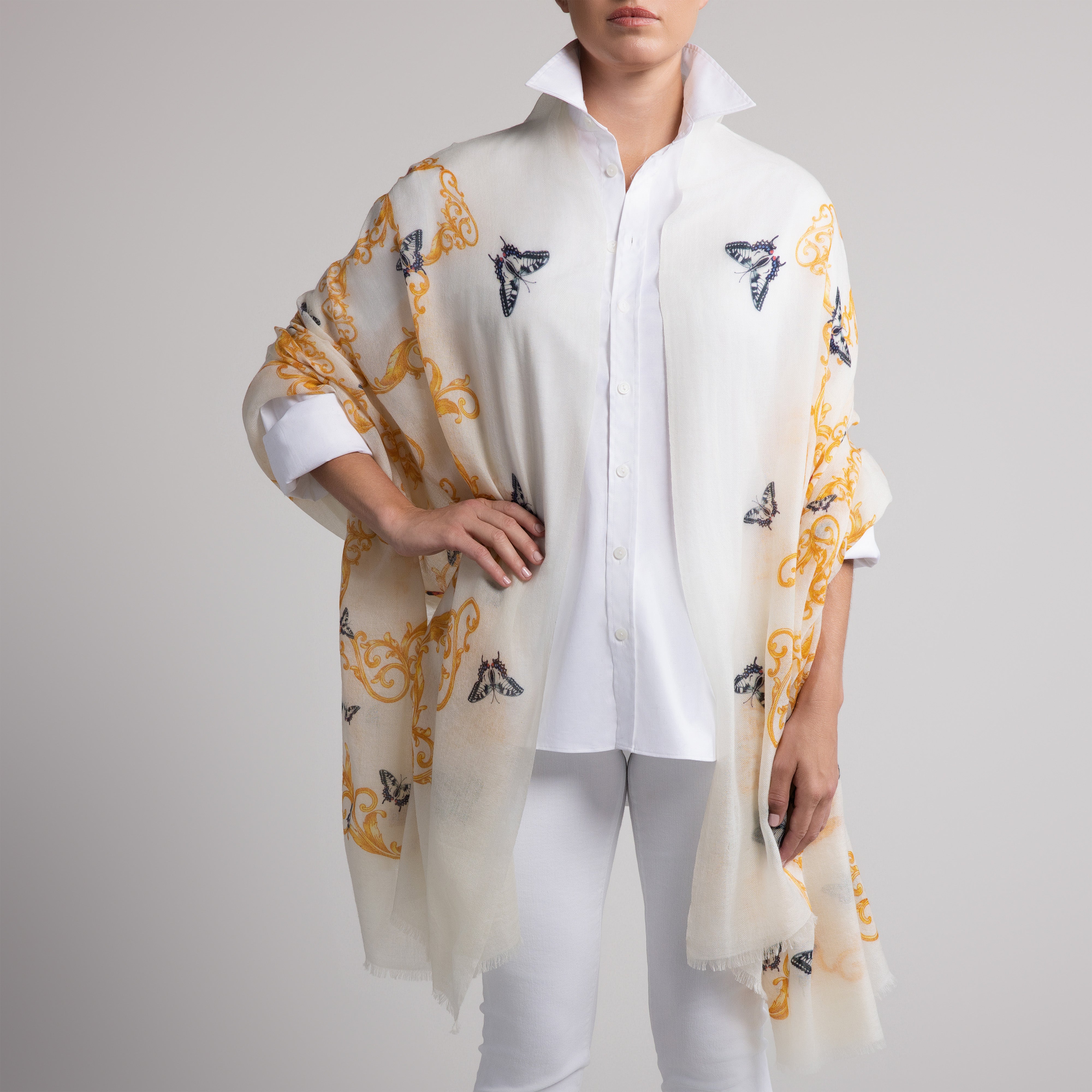 Butterfly & Baroque 100% Cashmere Scarf in Cream