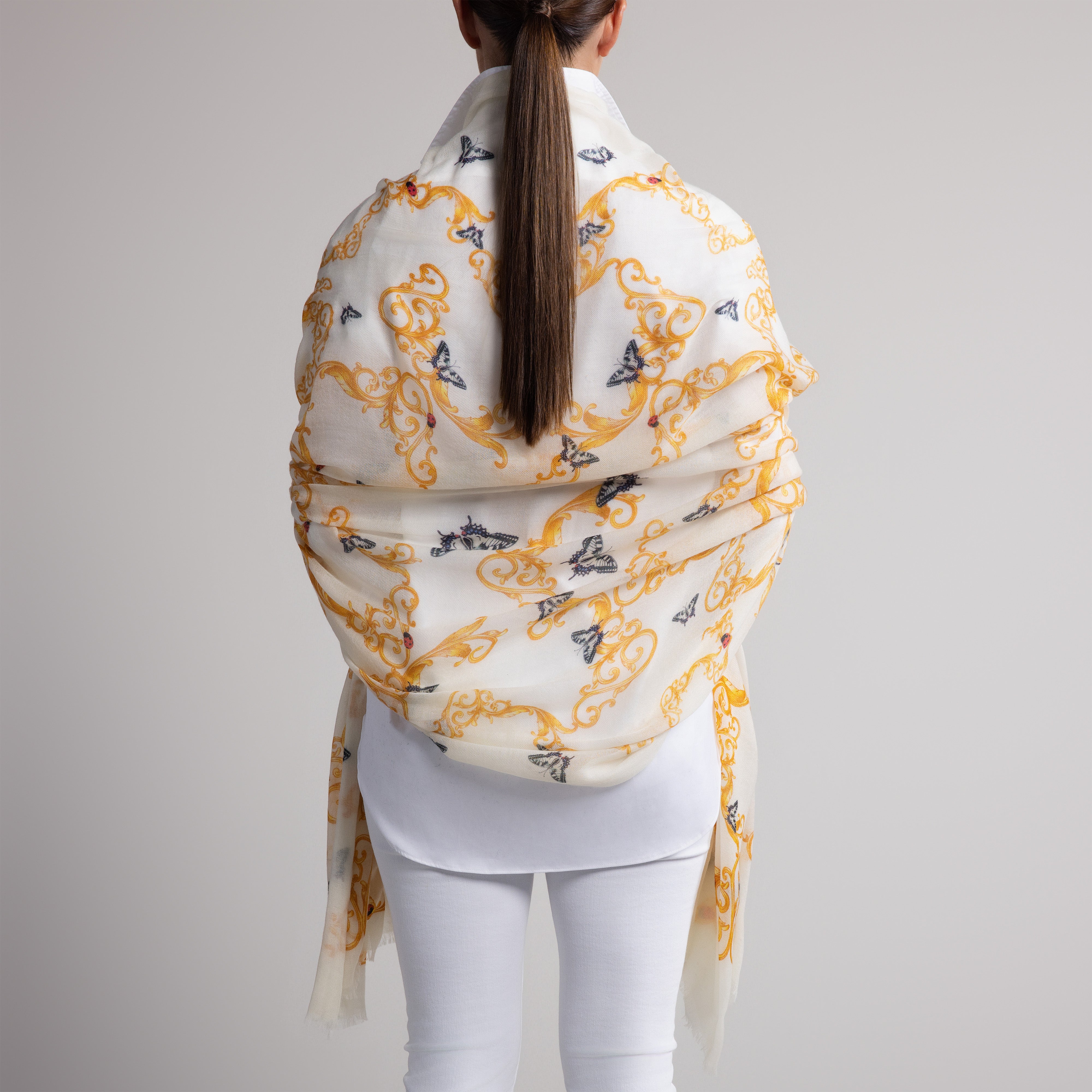 Butterfly & Baroque 100% Cashmere Scarf in Cream