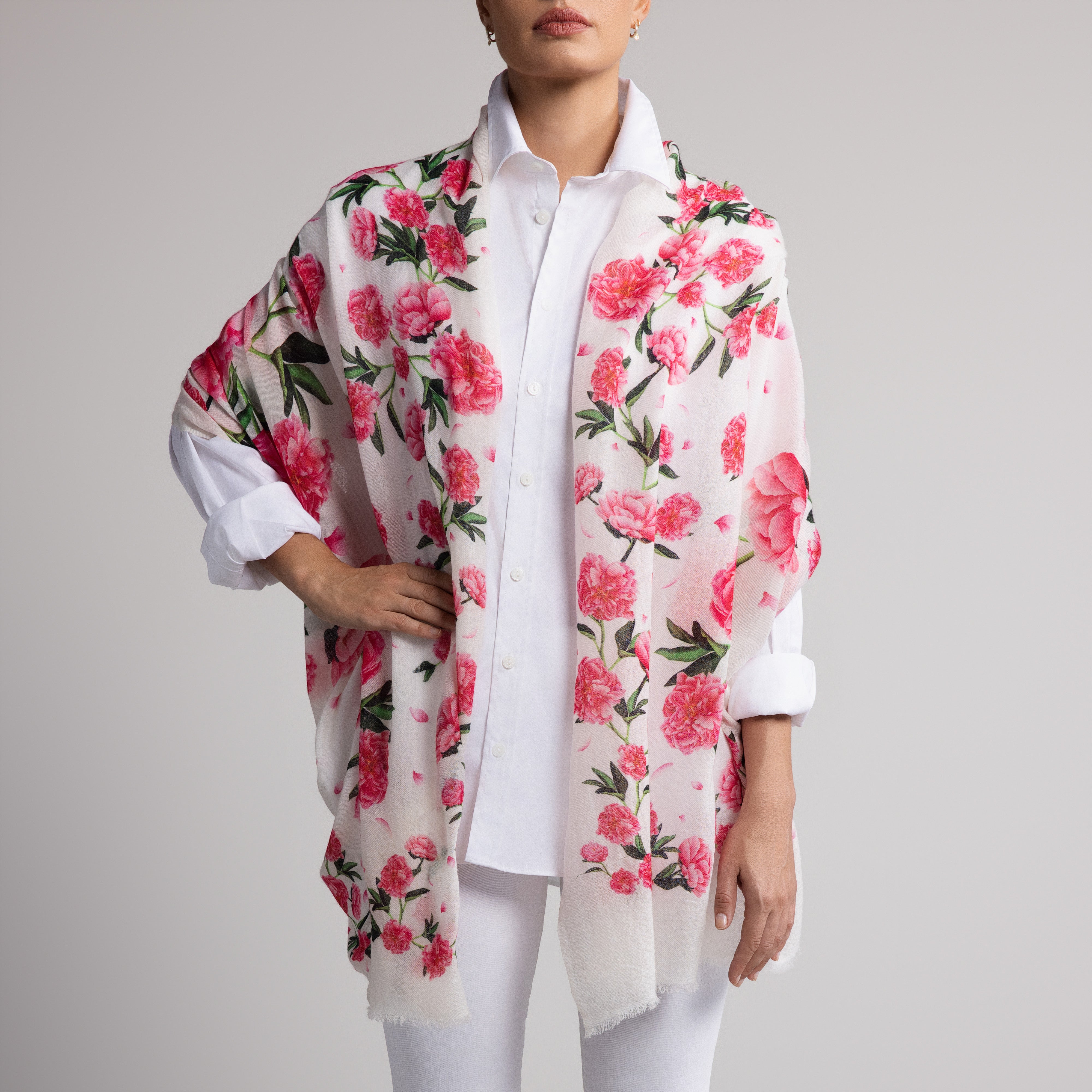 Peony 100% Cashmere Scarf in White