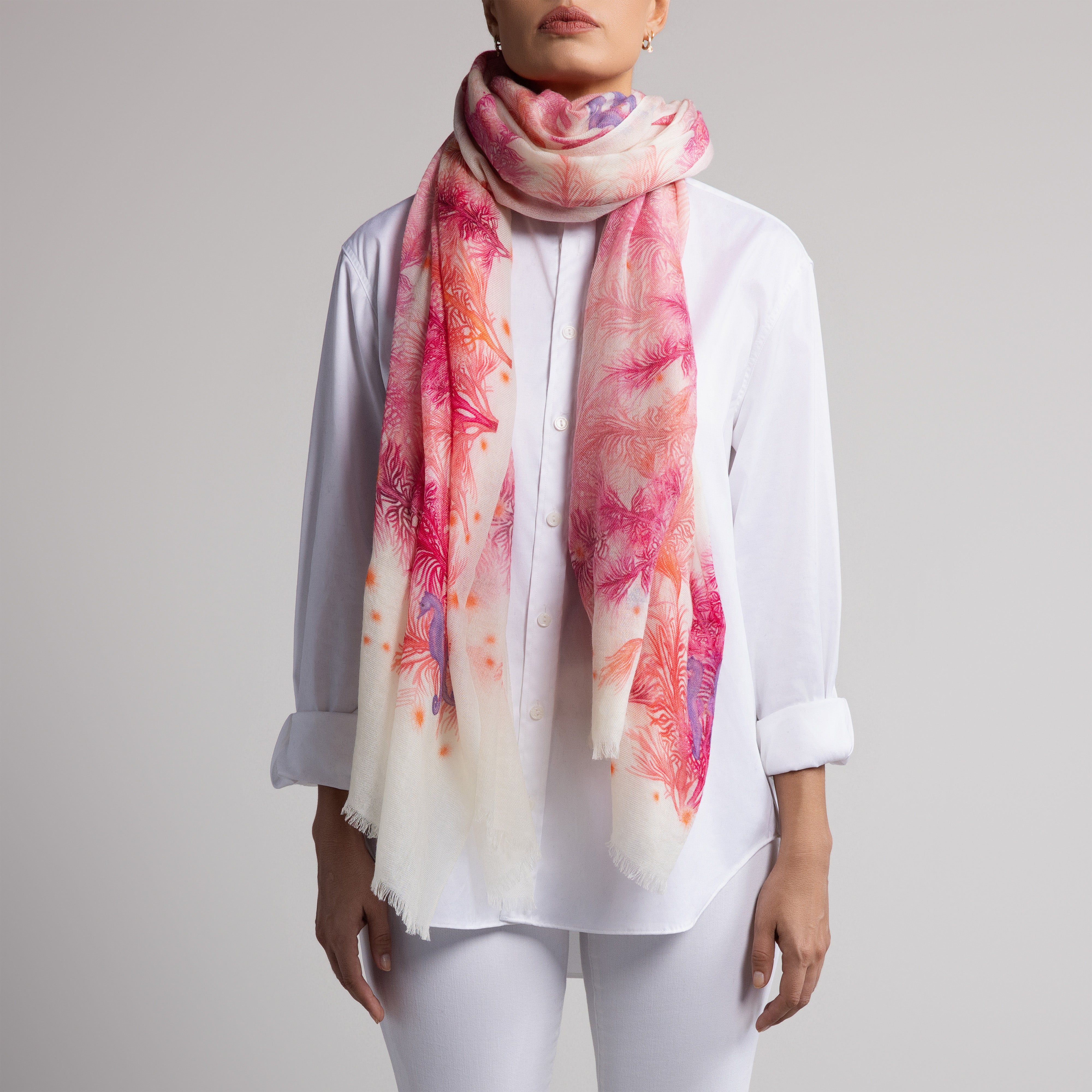 Galapagos Sea Horse 100% Cashmere Scarf in Cream