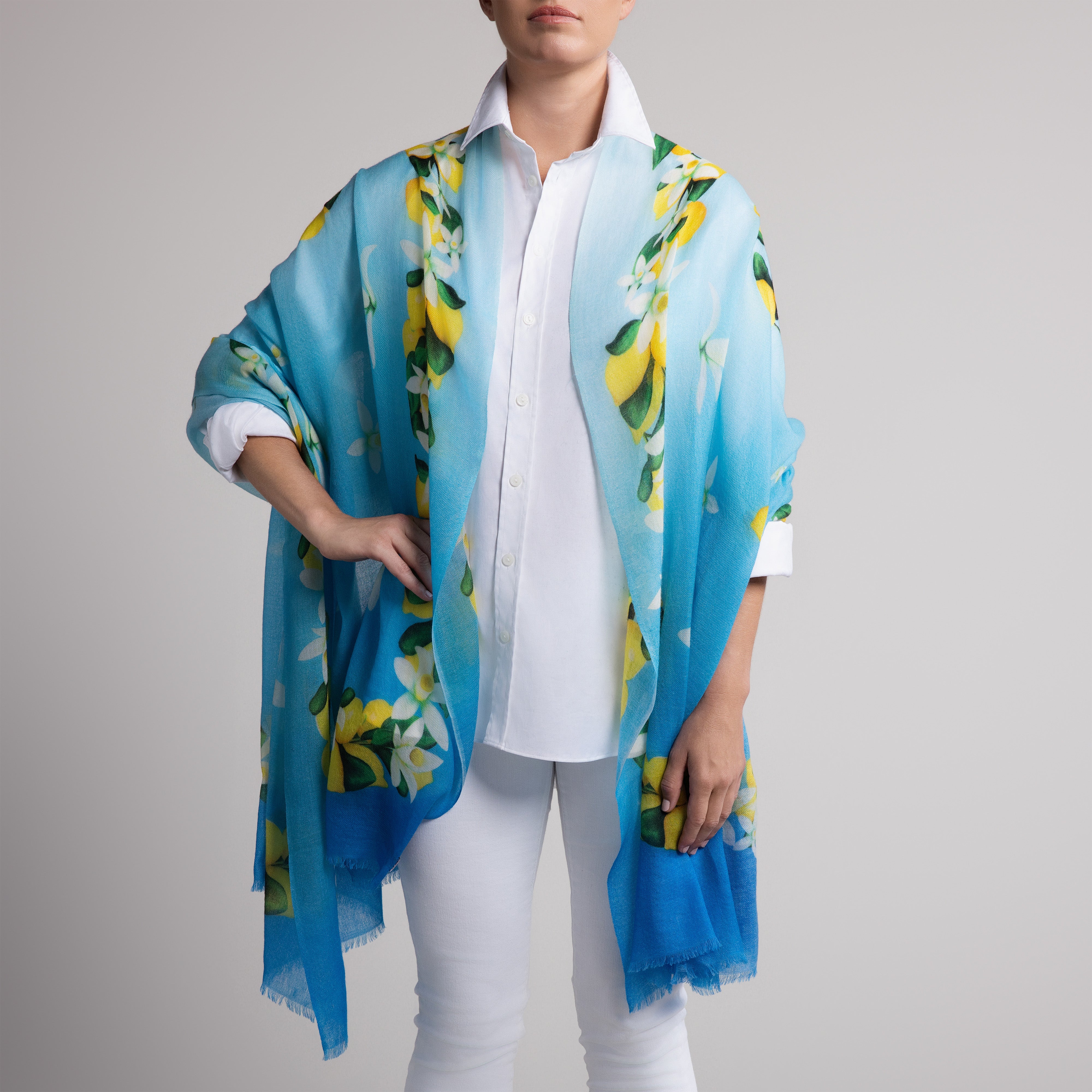 Capri Lemon 100% Cashmere Scarf in Sky Blue