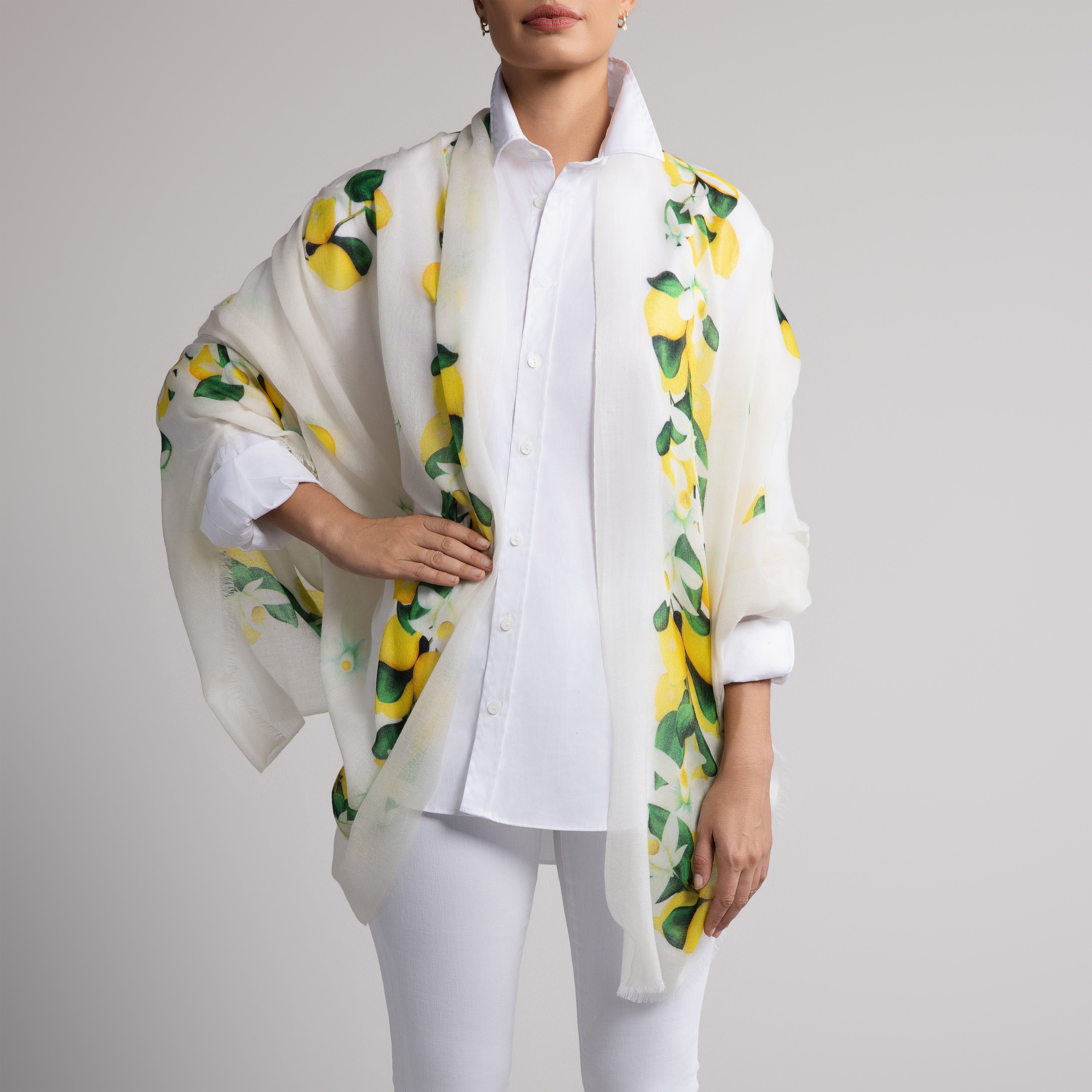 Capri Lemon 100% Cashmere Scarf in White
