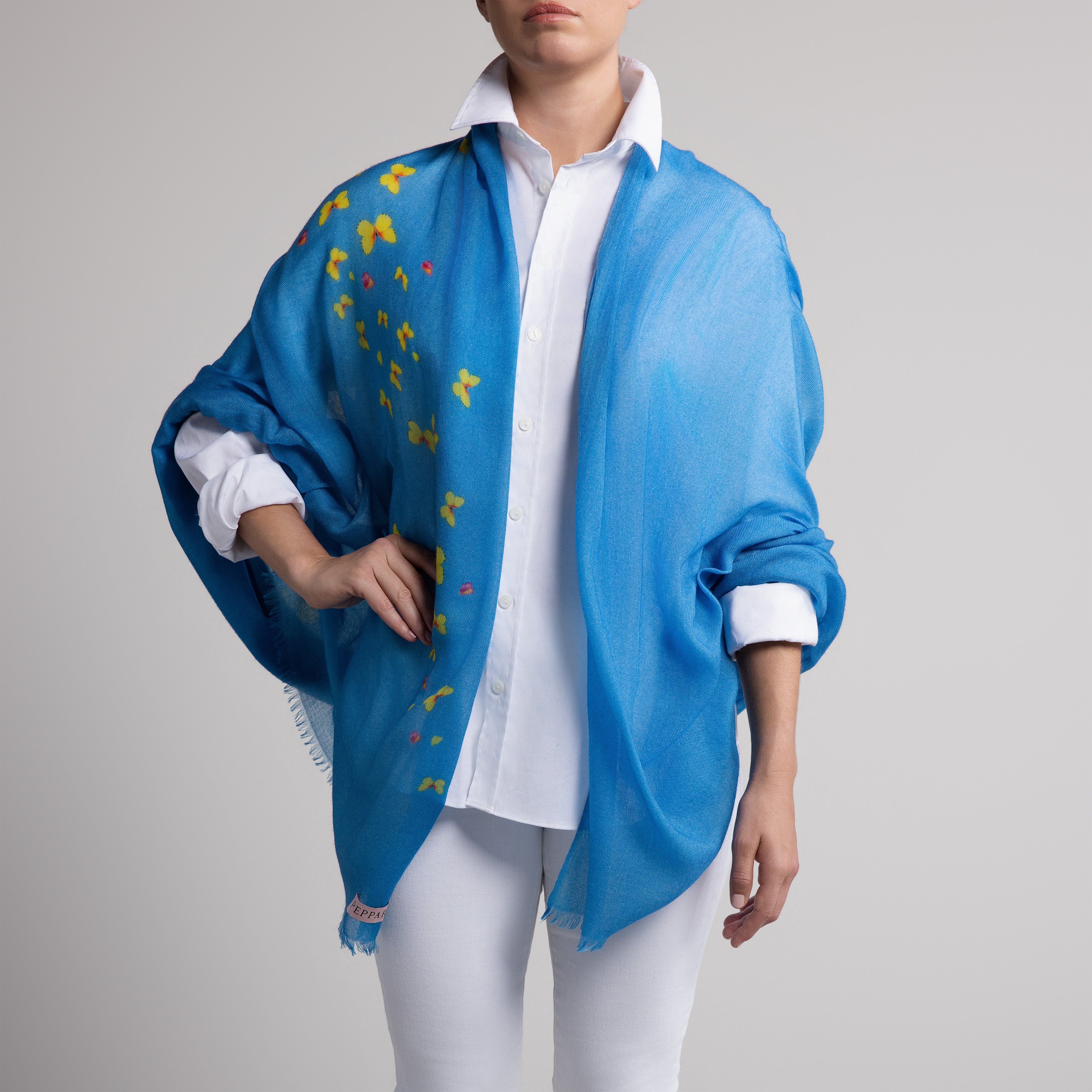 Safari Butterfly 100% Cashmere Scarf in French Blue