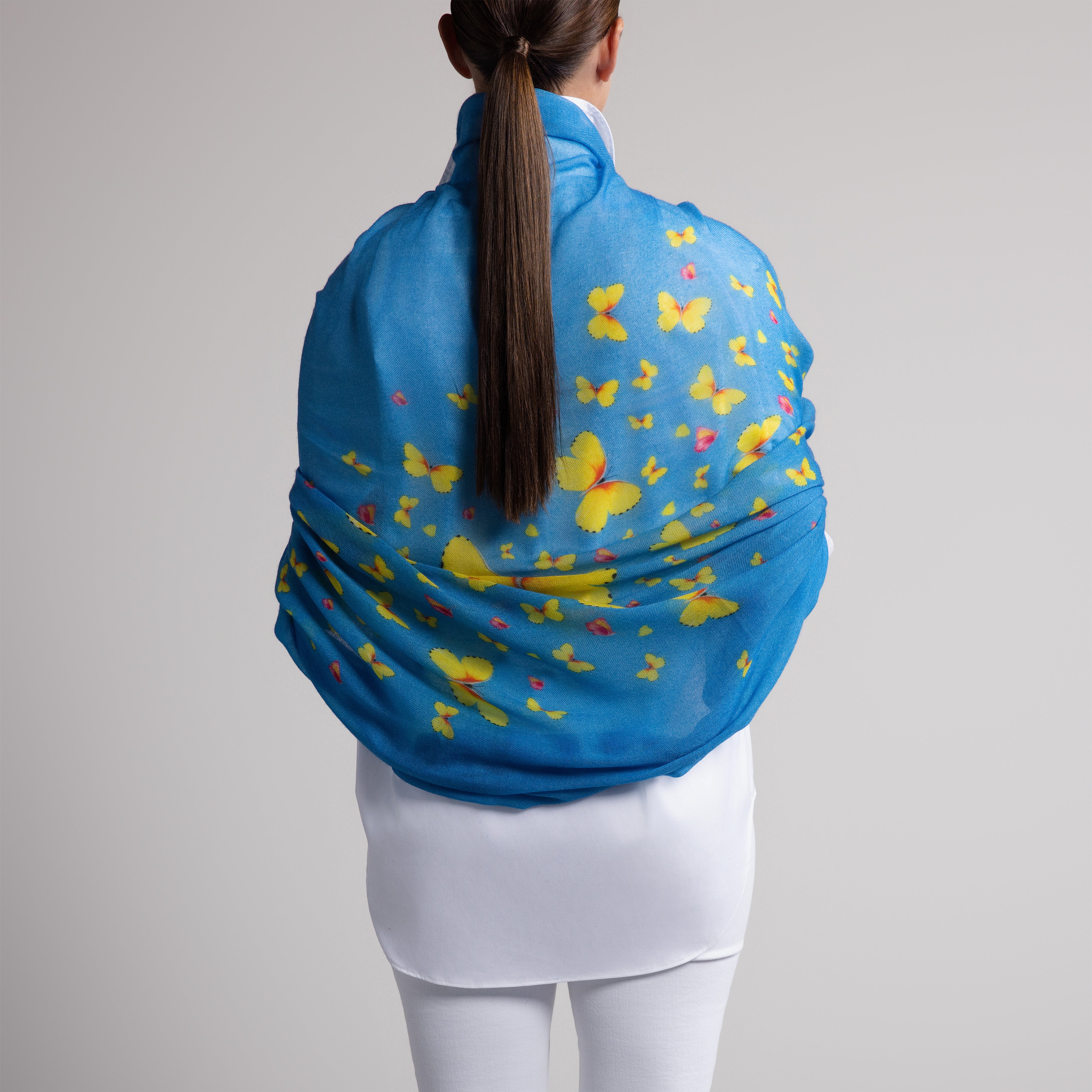 Safari Butterfly 100% Cashmere Scarf in French Blue