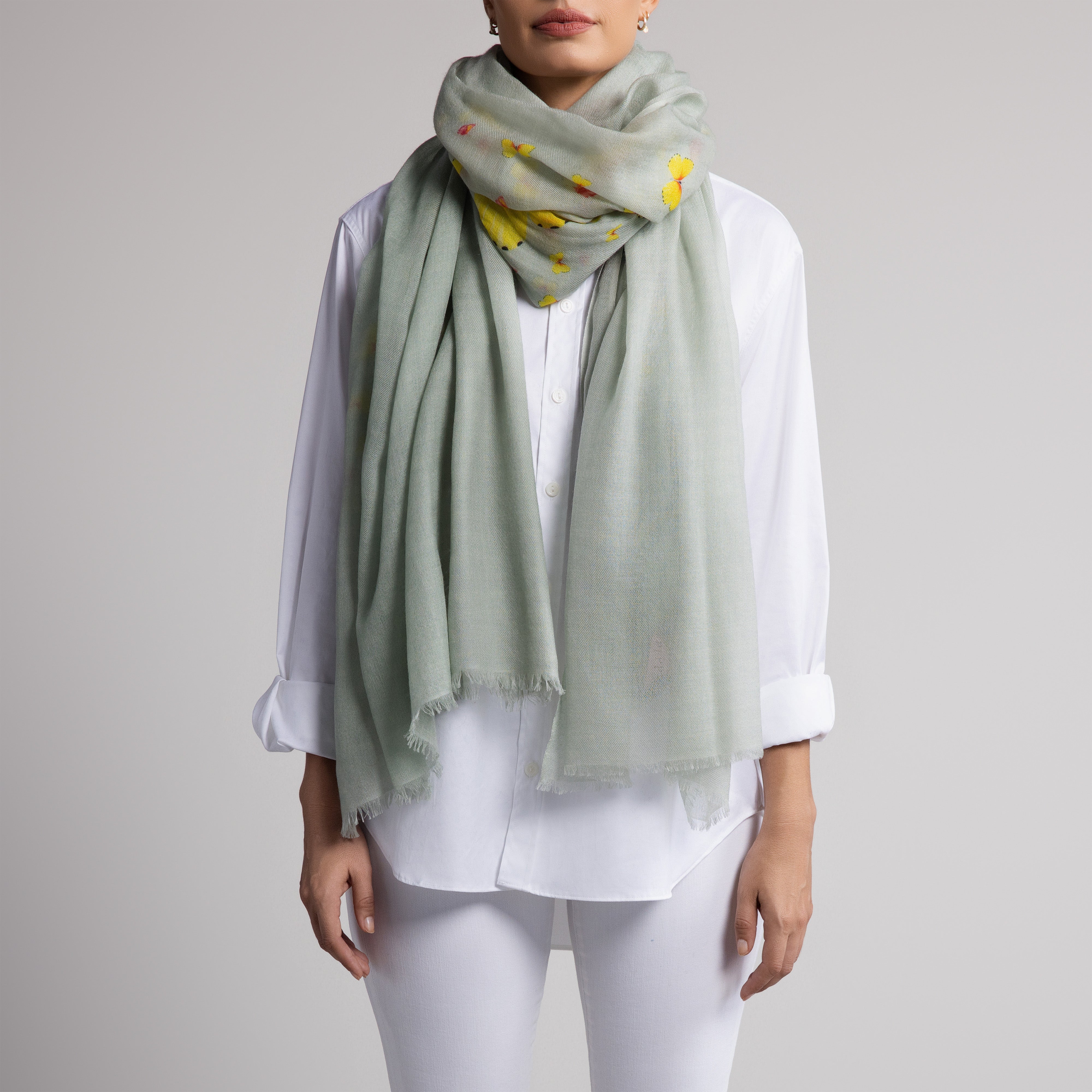 Safari Butterfly 100% Cashmere Scarf in Seafoam Grey
