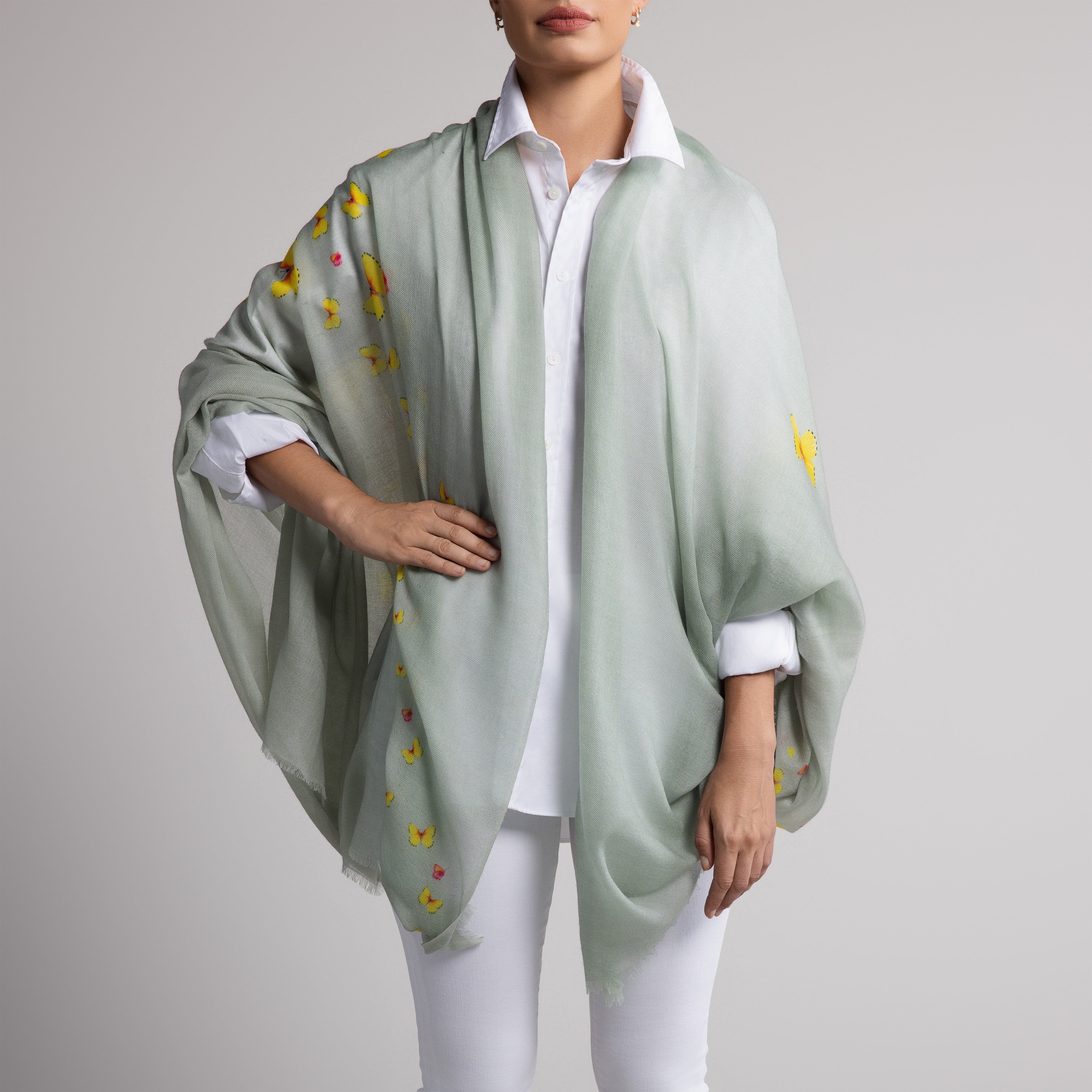 Safari Butterfly 100% Cashmere Scarf in Seafoam Grey