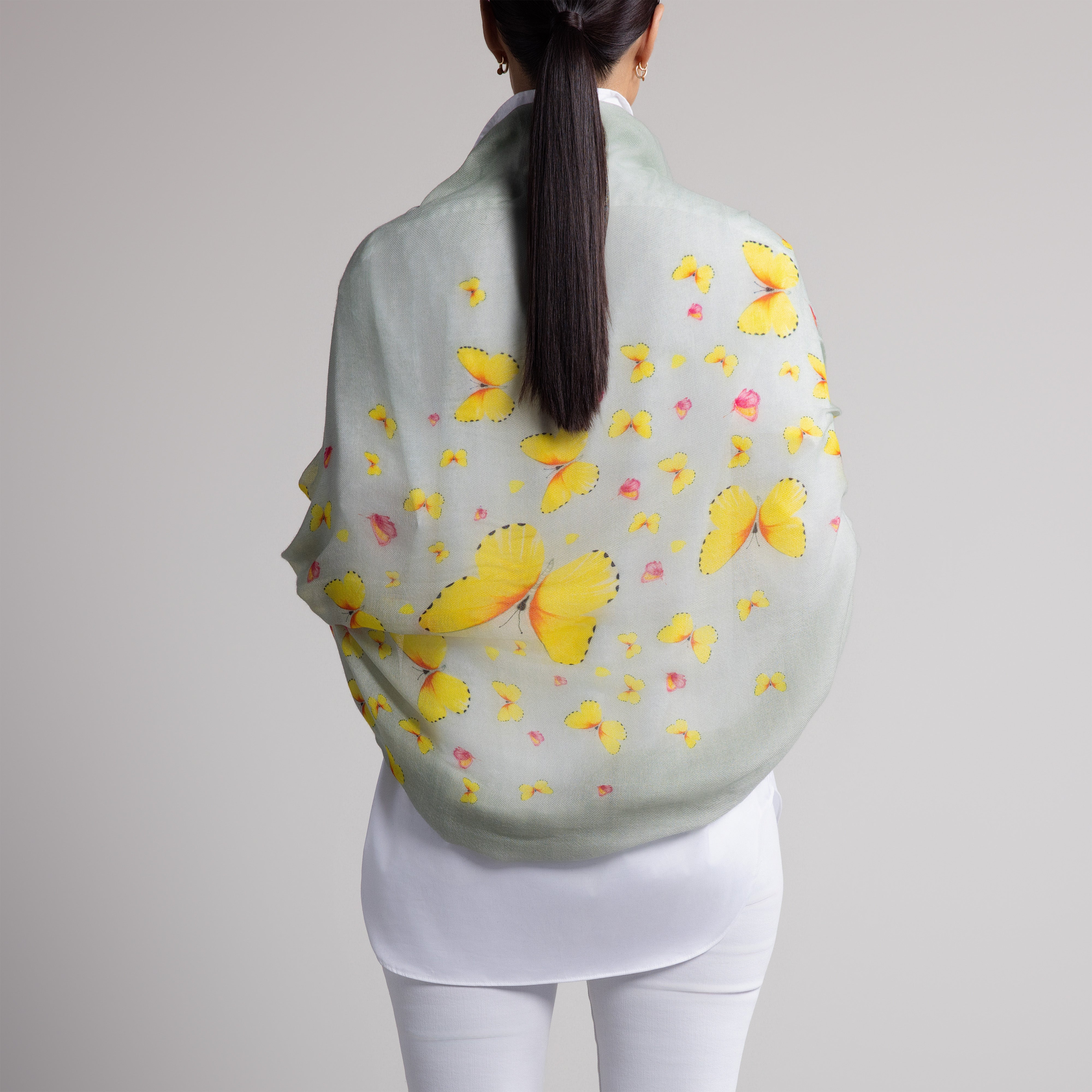 Safari Butterfly 100% Cashmere Scarf in Seafoam Grey