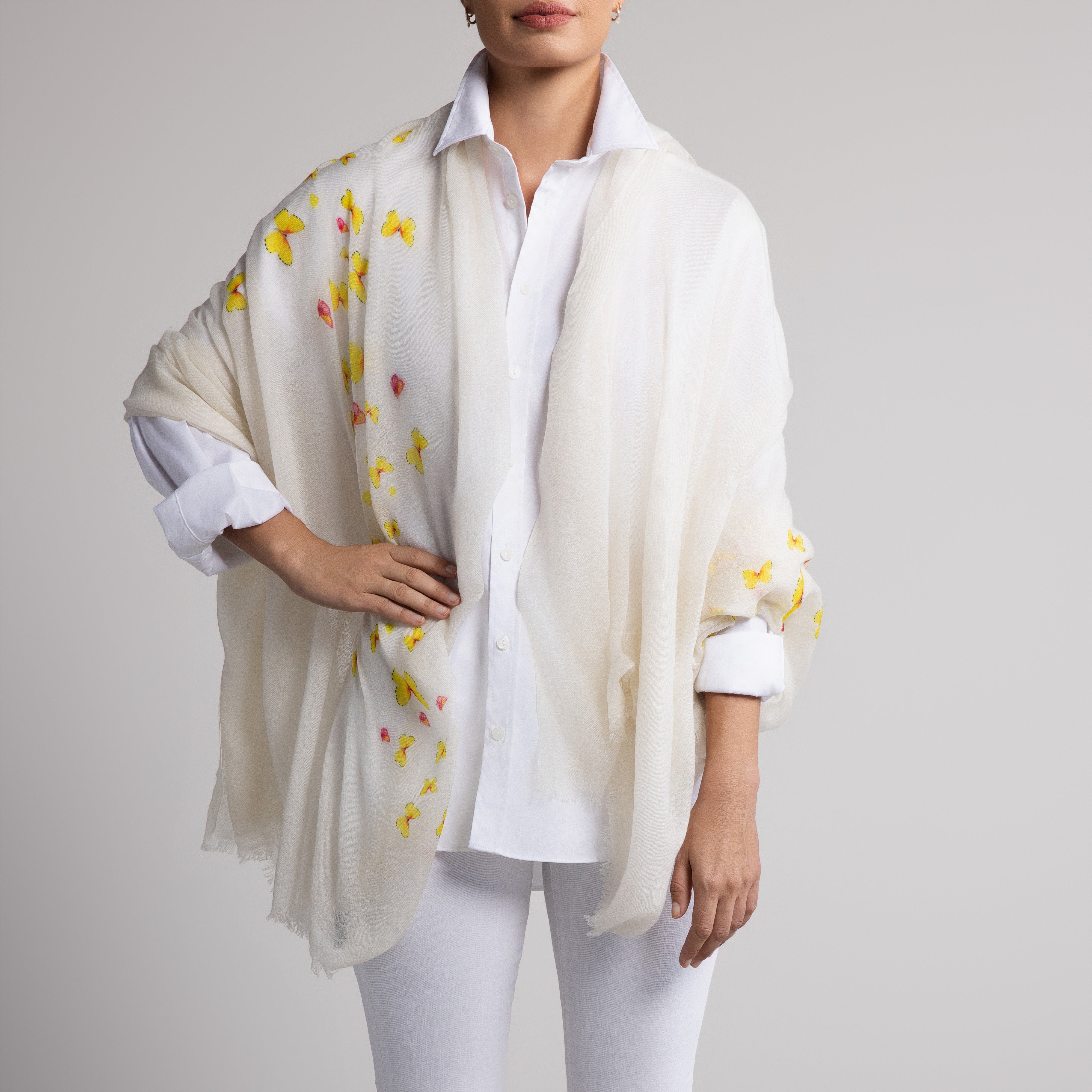 Safari Butterfly 100% Cashmere Scarf in White