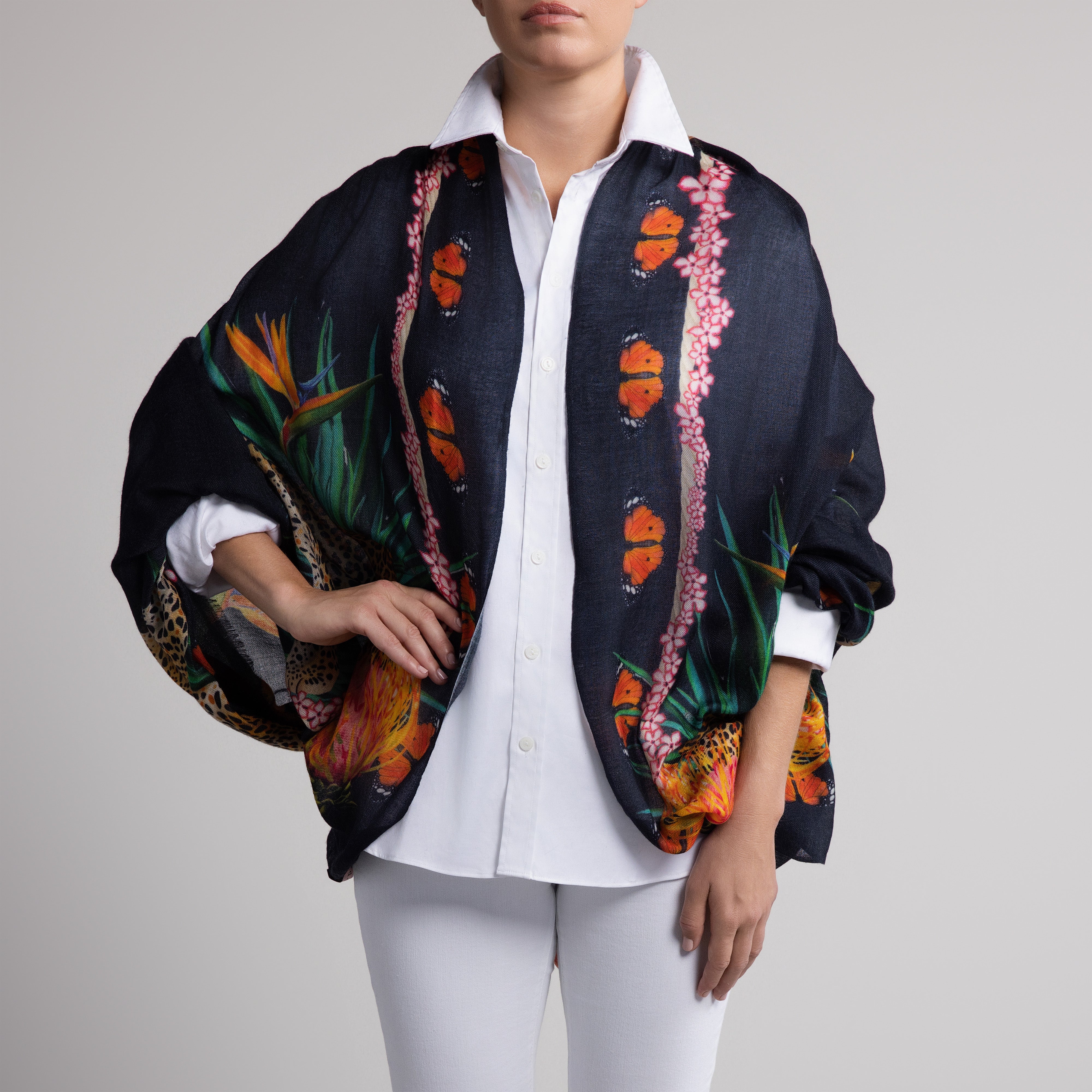 Leopard Butterfly 100% Cashmere Scarf in Black