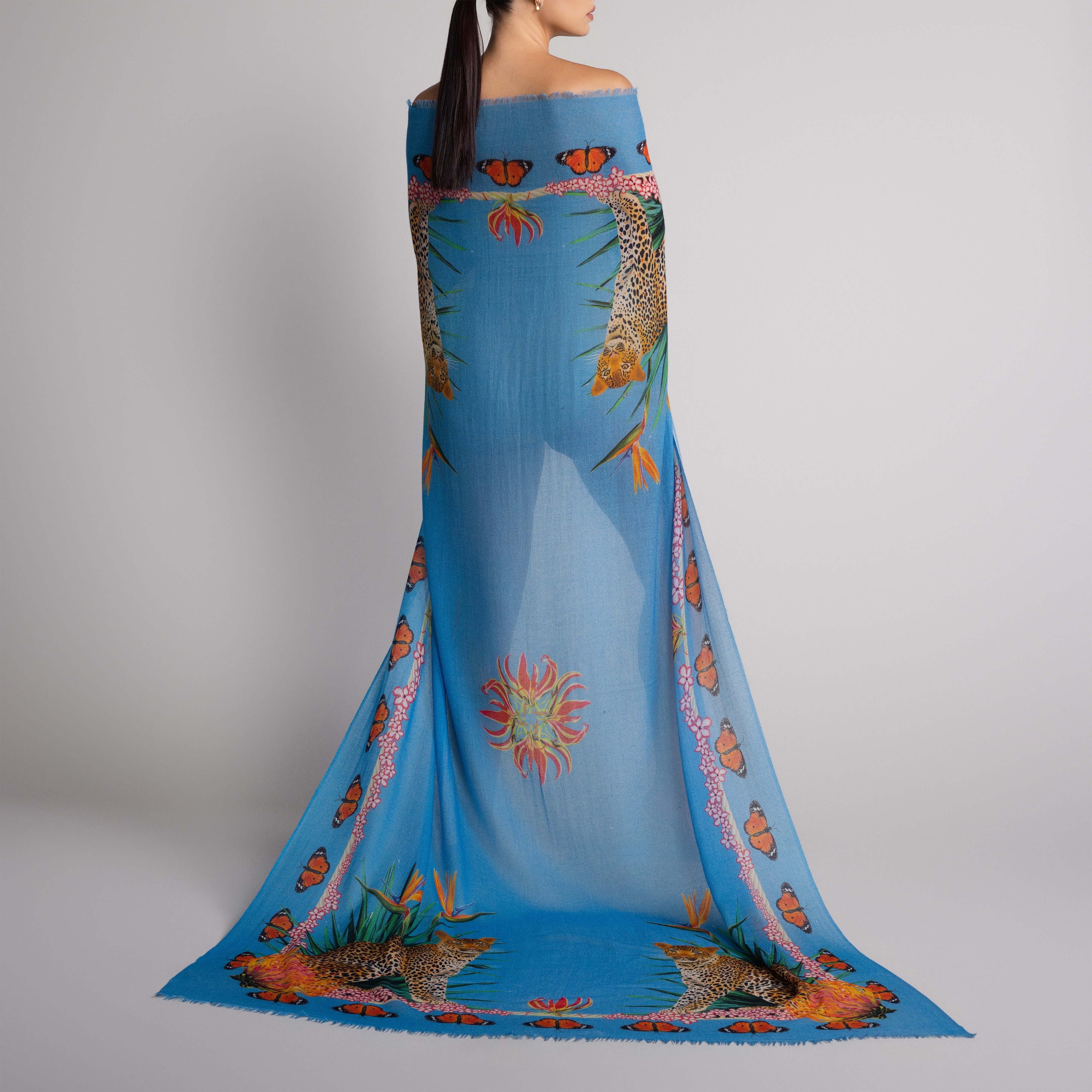 Leopard Butterfly 100% Cashmere Scarf in Blue