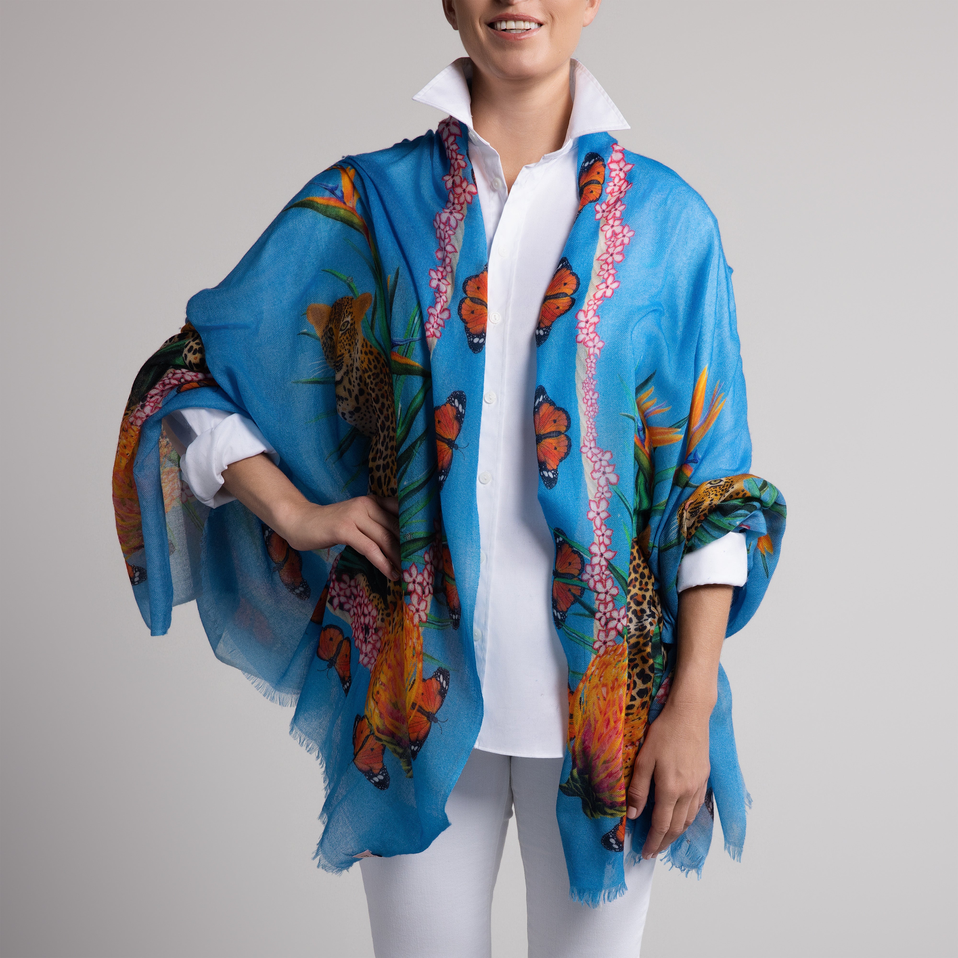 Leopard Butterfly 100% Cashmere Scarf in Blue