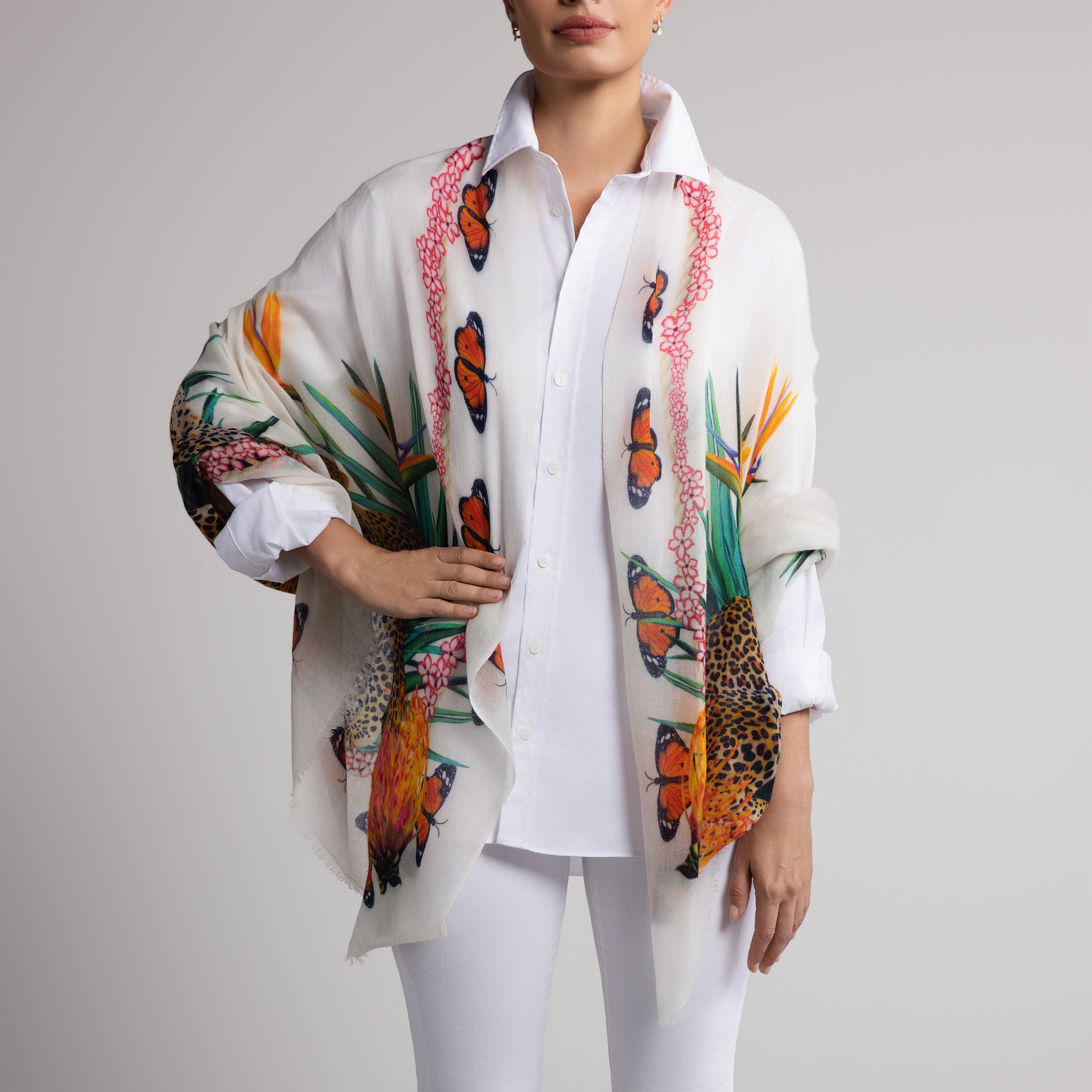 Leopard Butterfly 100% Cashmere Scarf in White