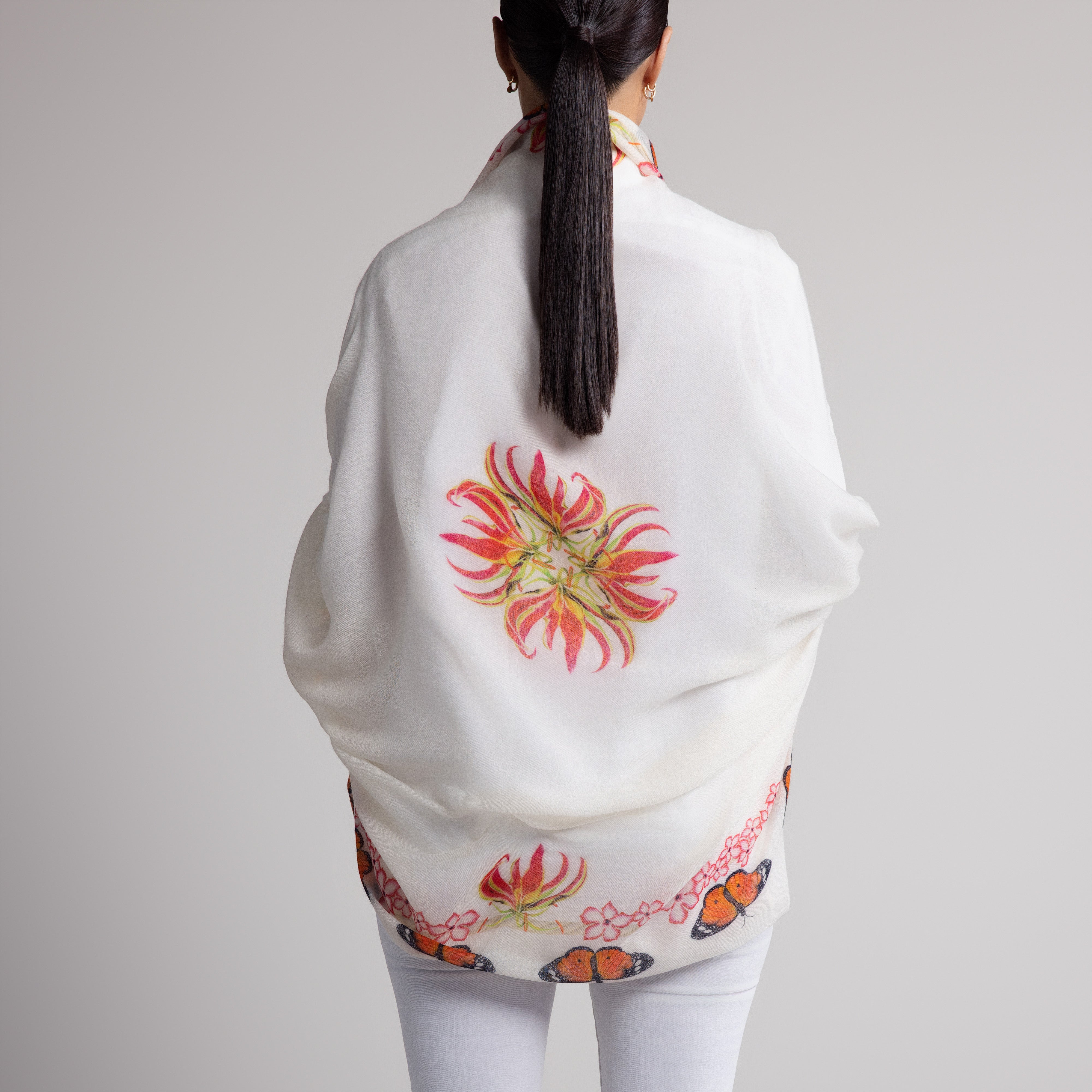 Leopard Butterfly 100% Cashmere Scarf in White