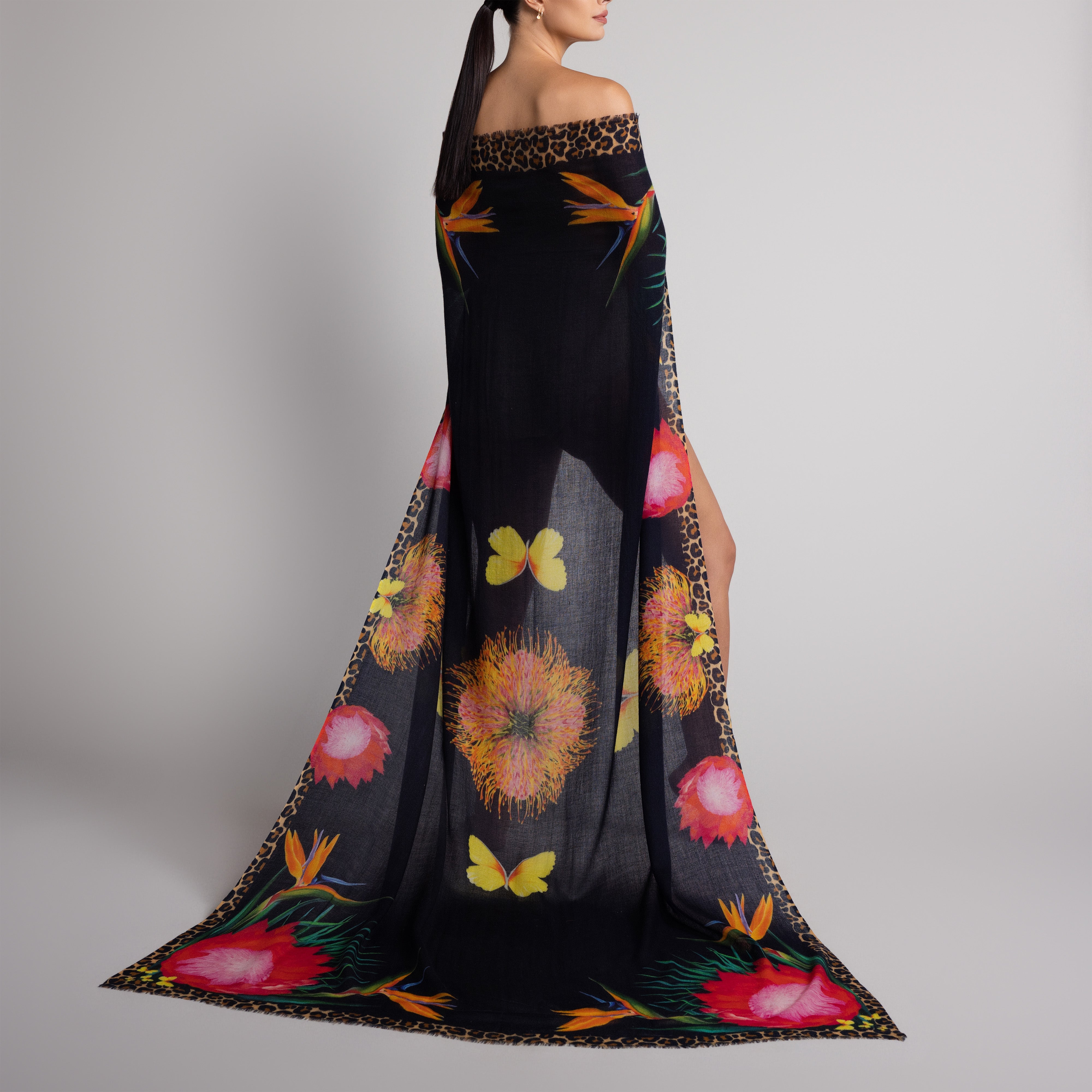 Protea Butterfly 100% Cashmere Scarf in Black