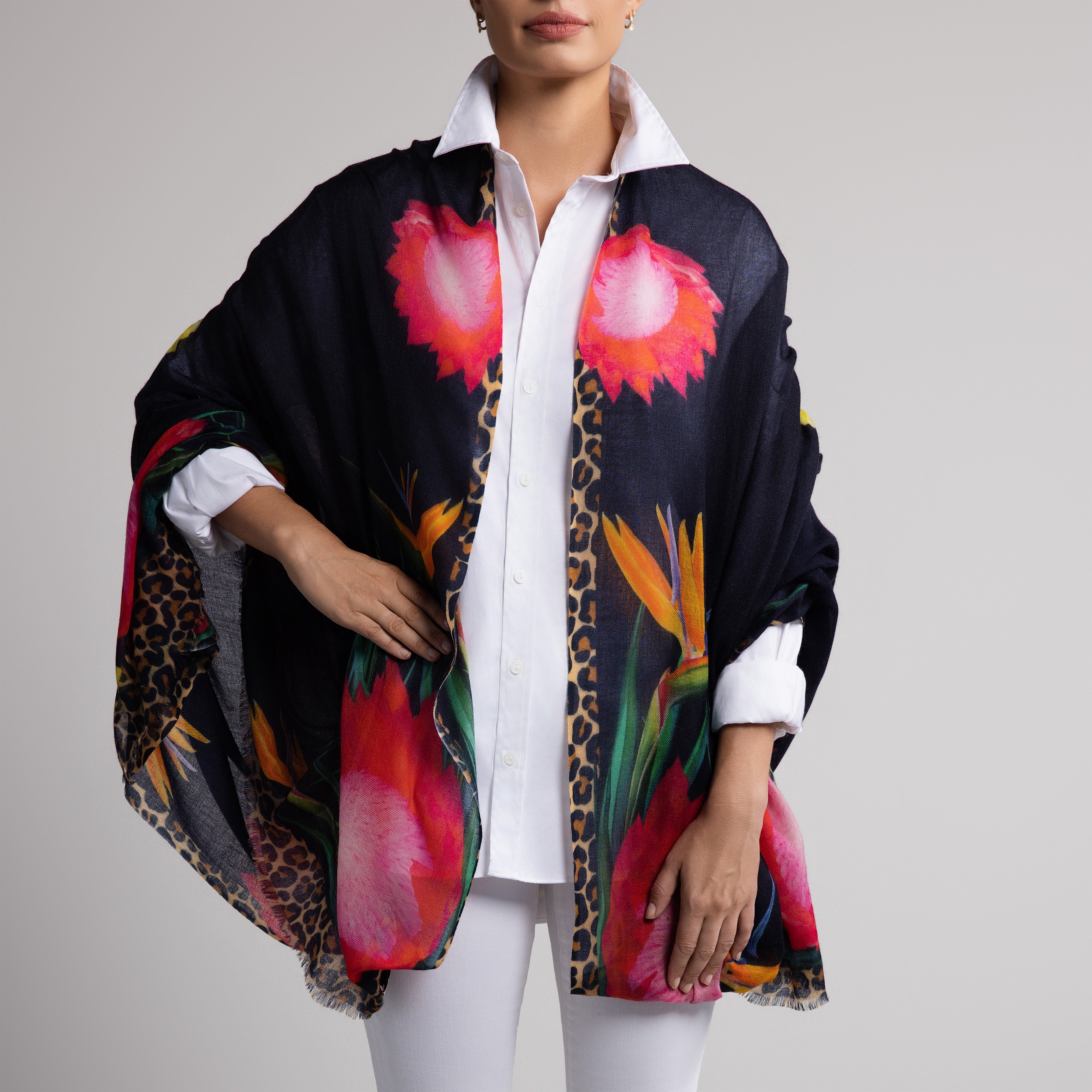 Protea Butterfly 100% Cashmere Scarf in Black