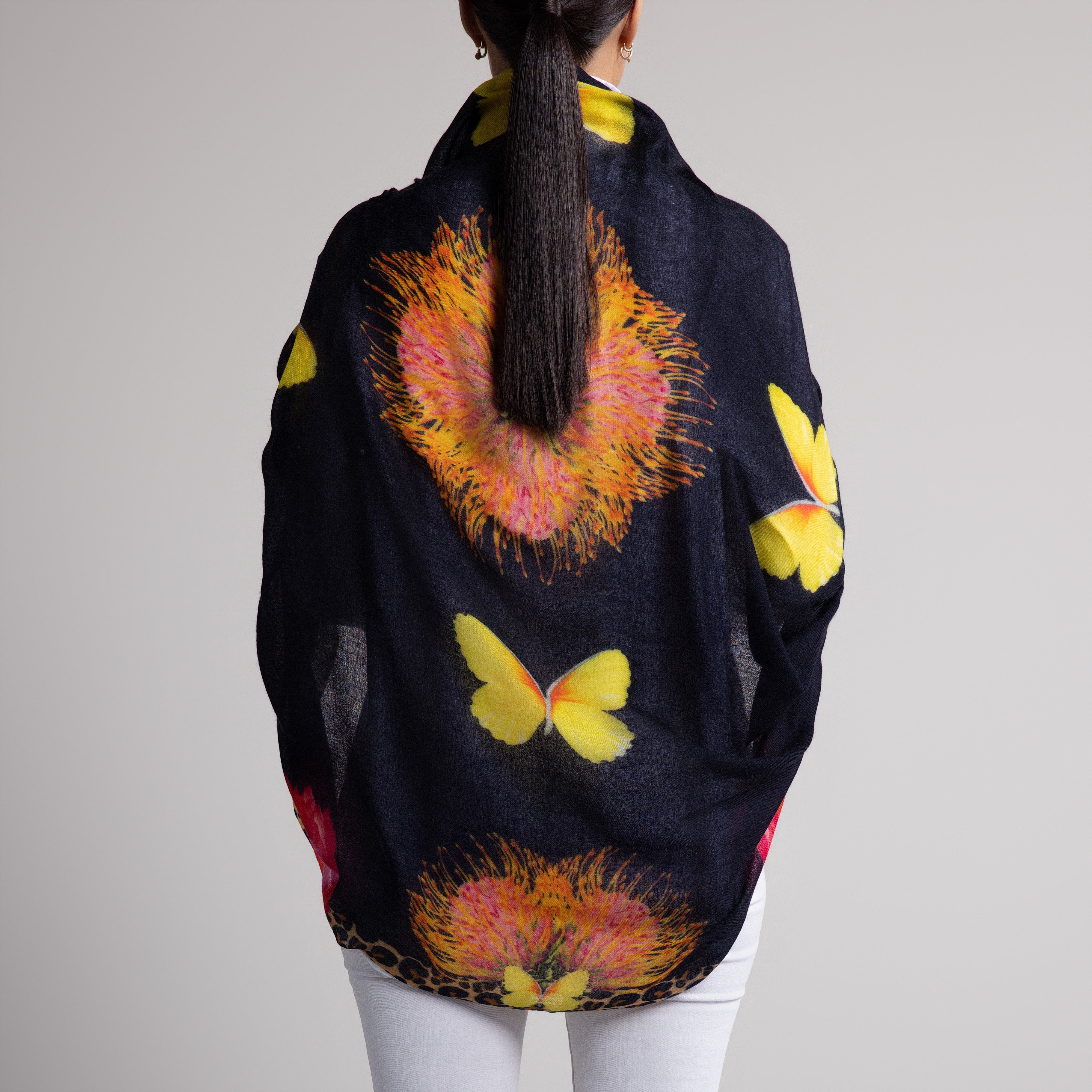 Protea Butterfly 100% Cashmere Scarf in Black
