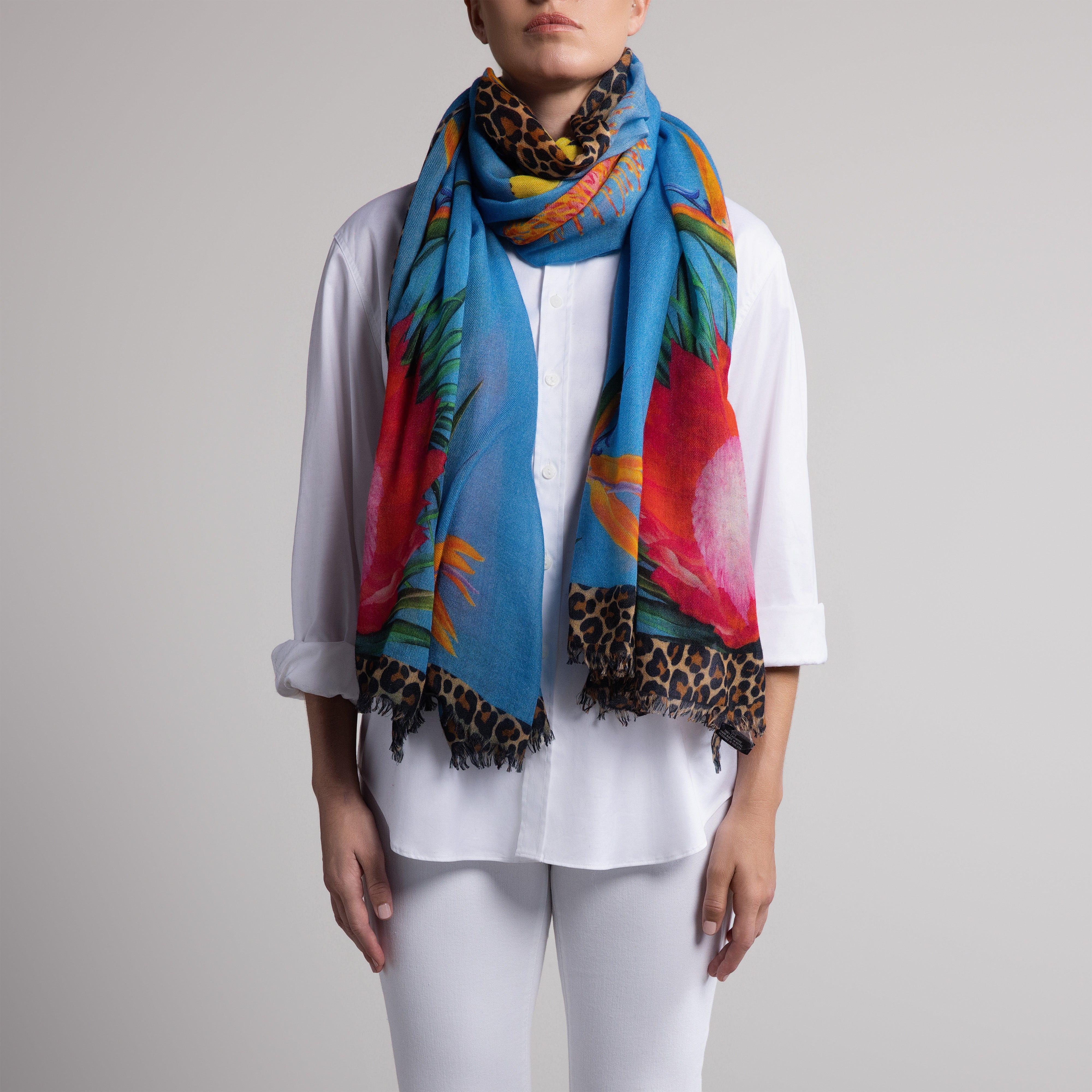 Protea Butterfly 100% Cashmere Scarf in Blue