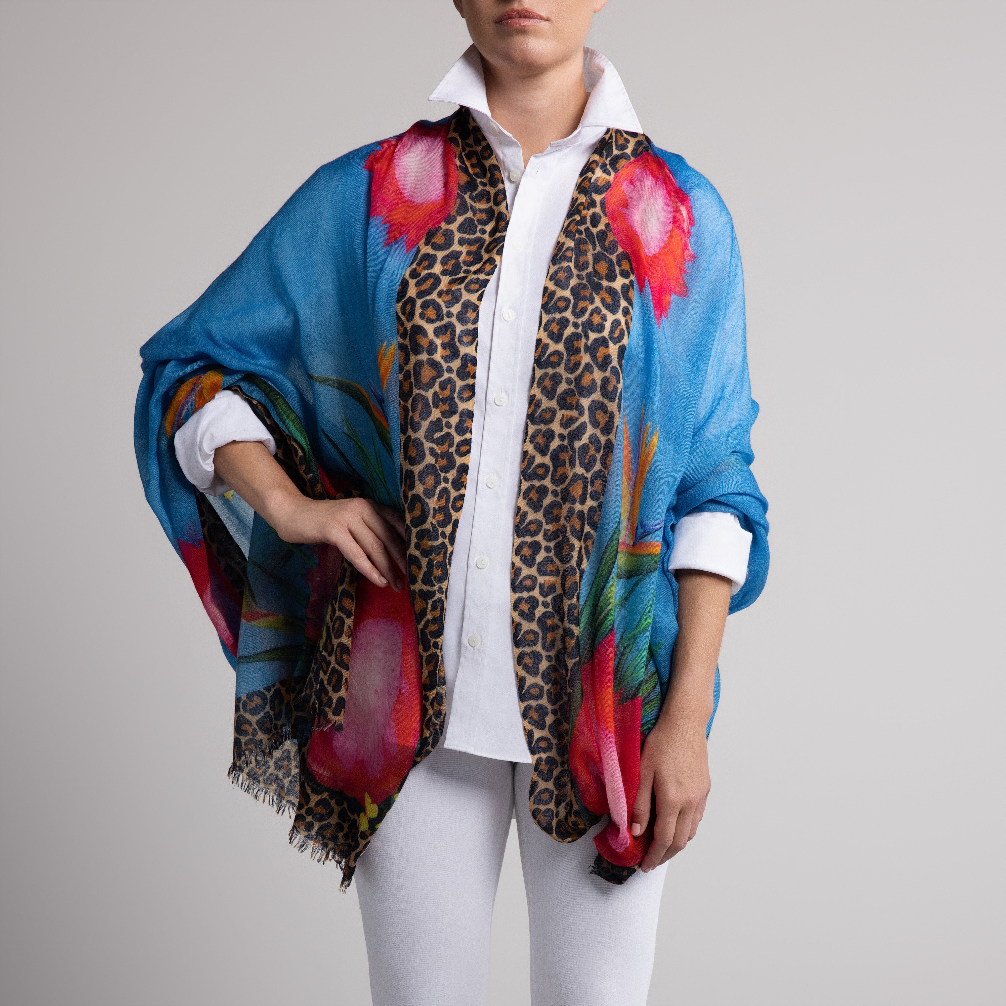 Protea Butterfly 100% Cashmere Scarf in Blue