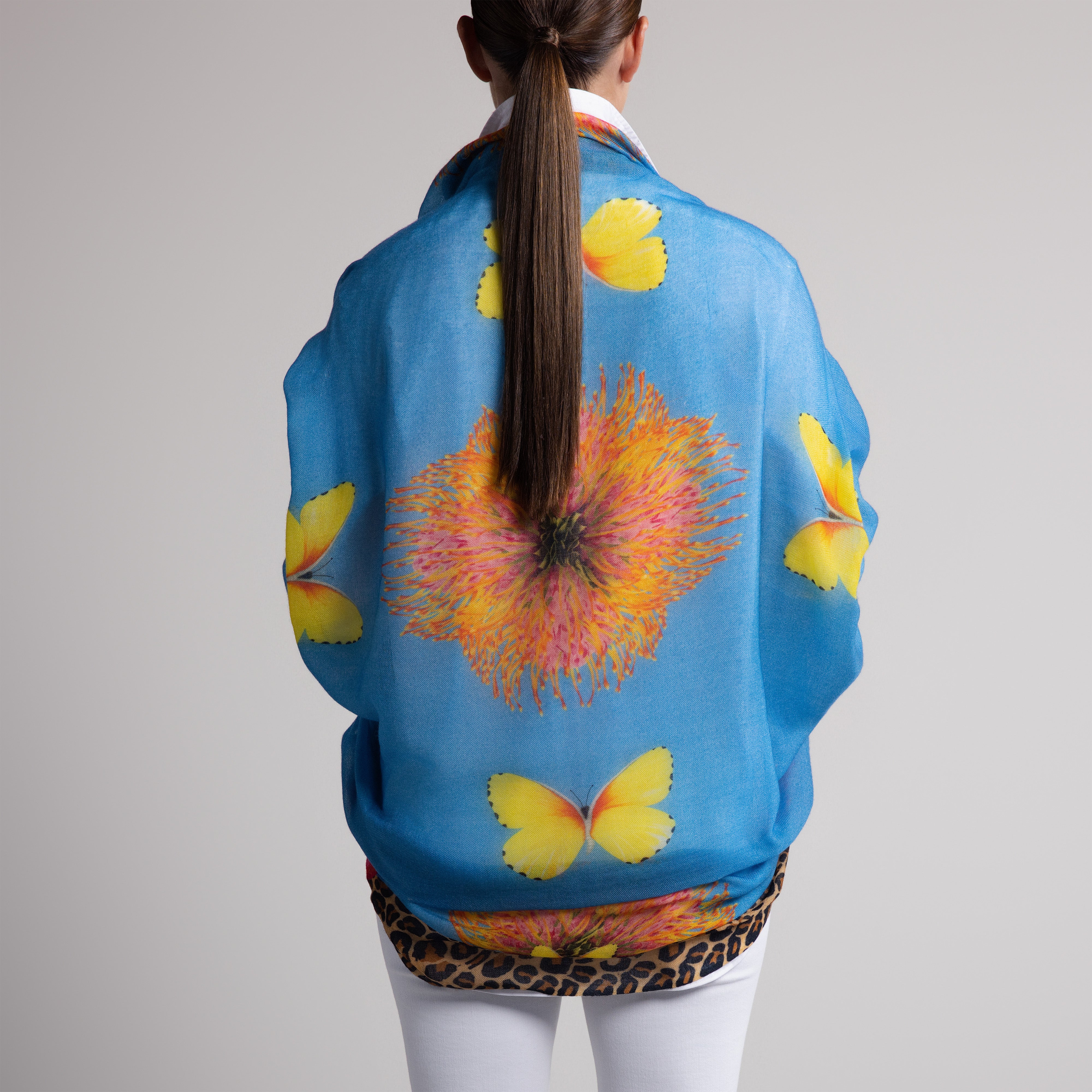 Protea Butterfly 100% Cashmere Scarf in Blue