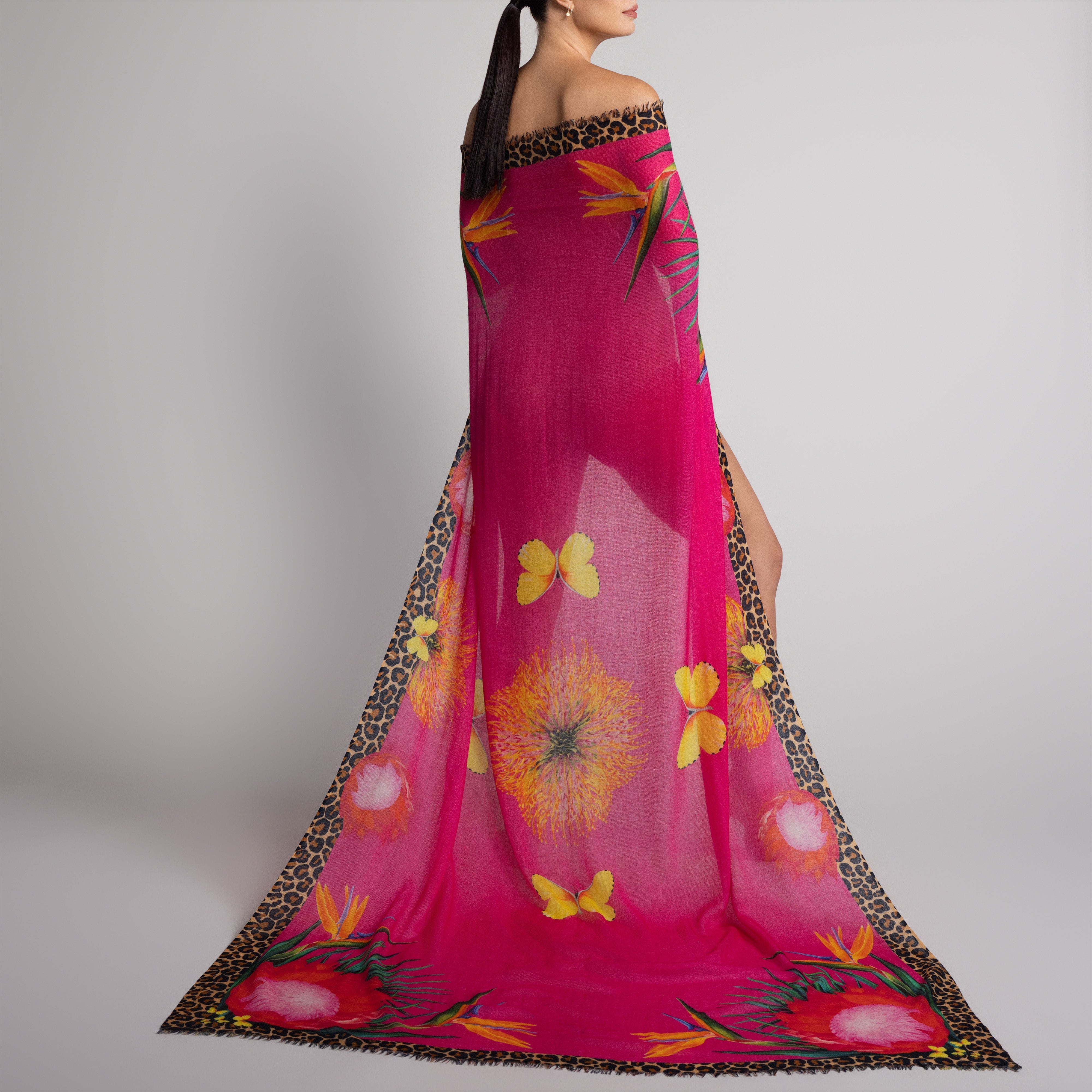 Protea Butterfly 100% Cashmere Scarf in Hot Pink