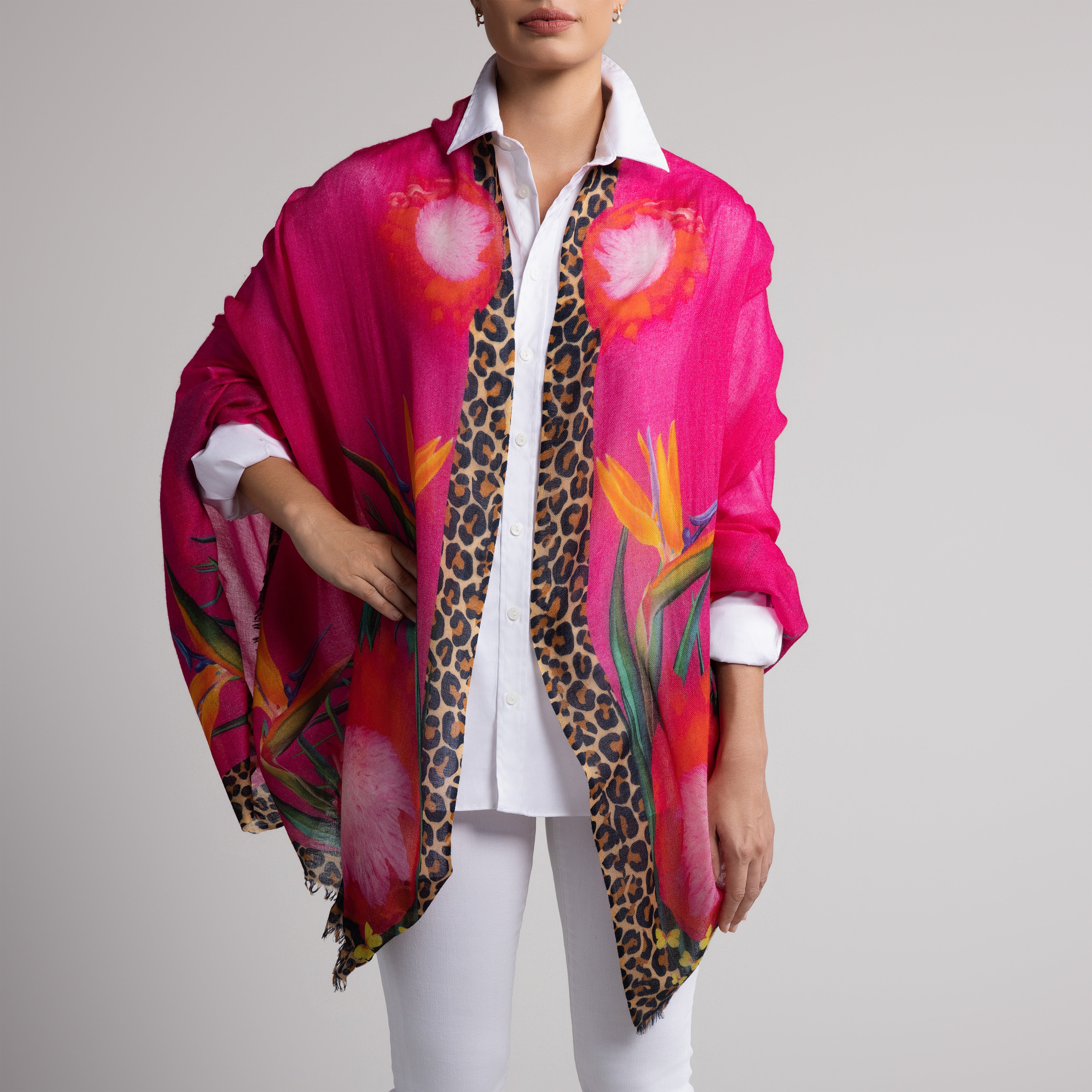 Protea Butterfly 100% Cashmere Scarf in Hot Pink