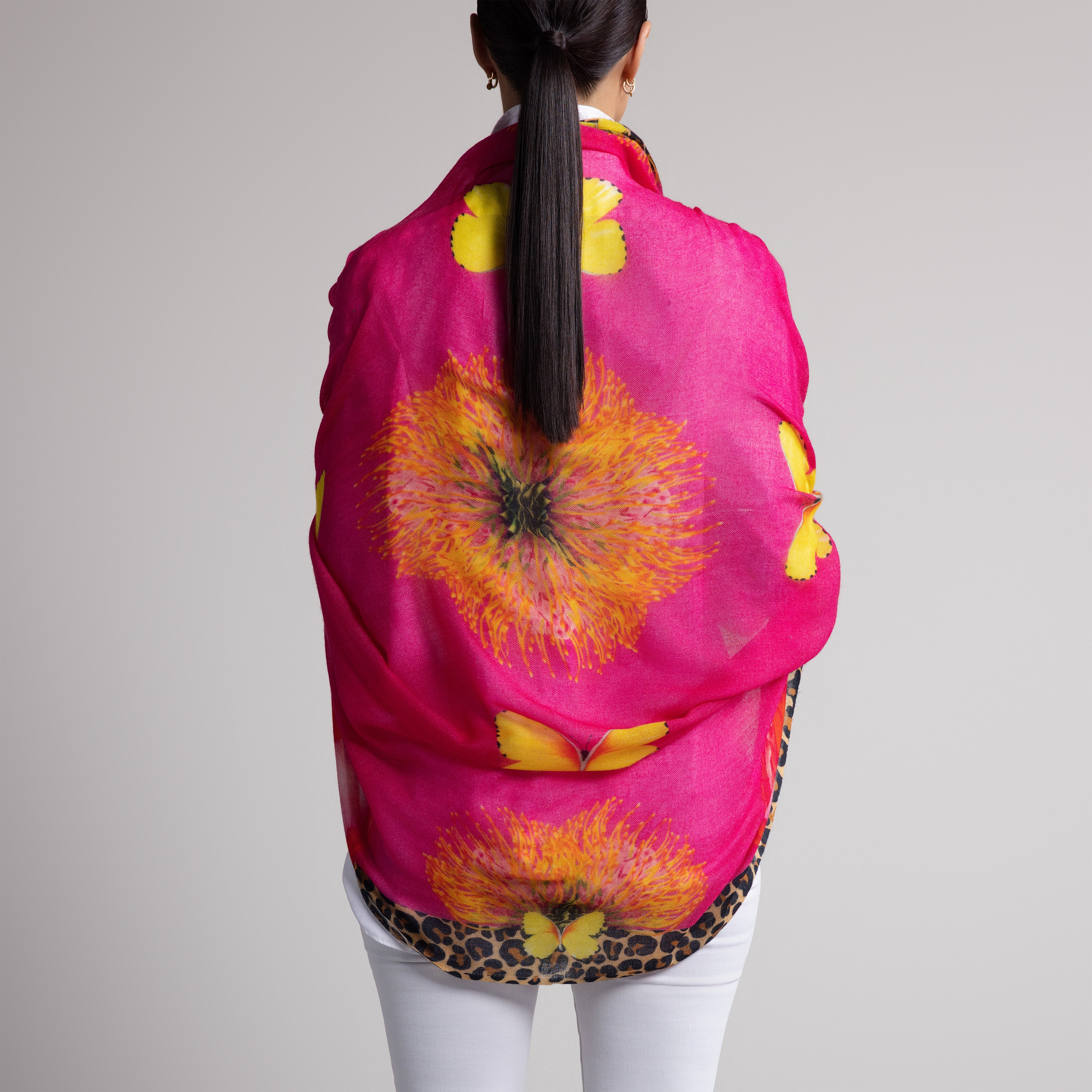 Protea Butterfly 100% Cashmere Scarf in Hot Pink