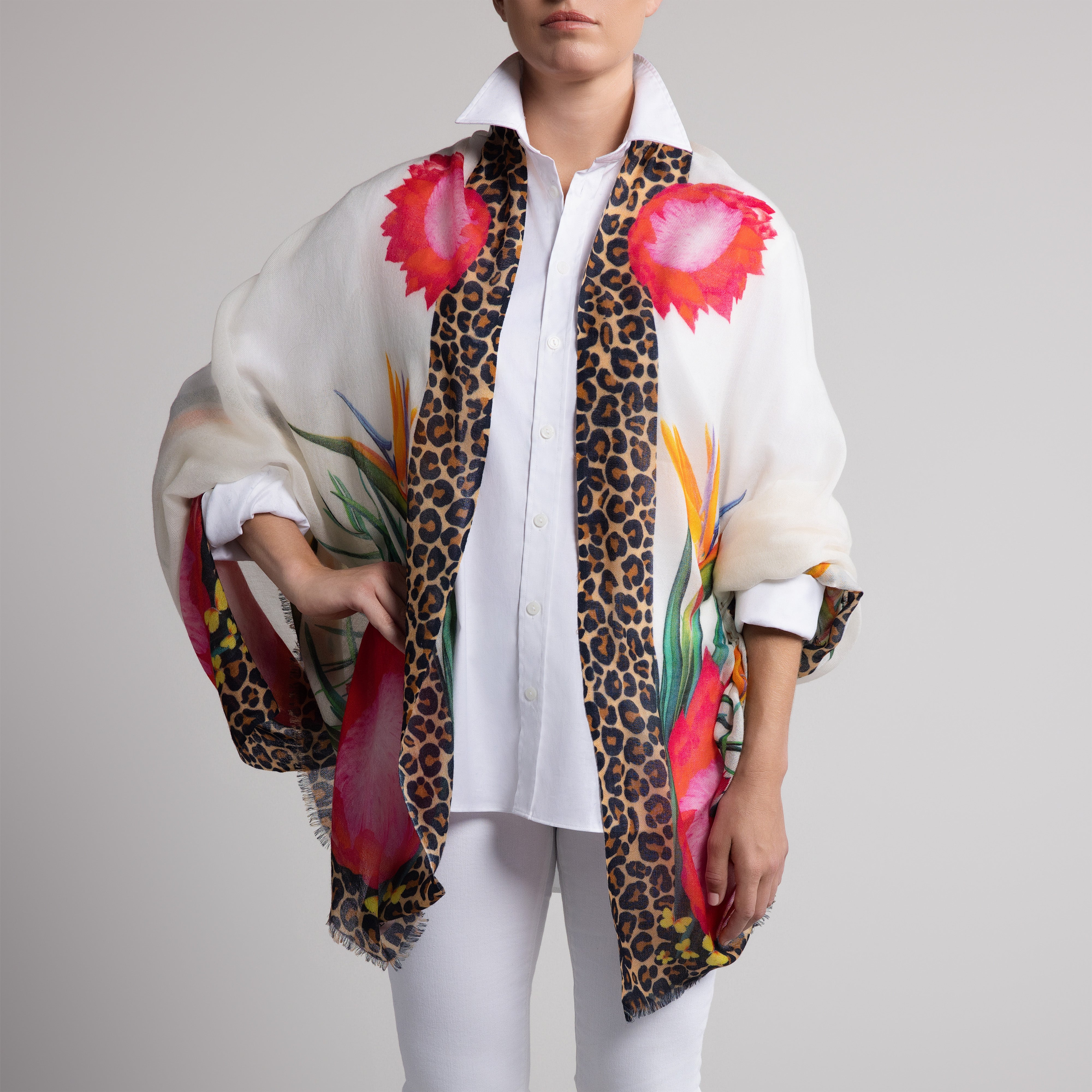 Protea Butterfly 100% Cashmere Scarf in White