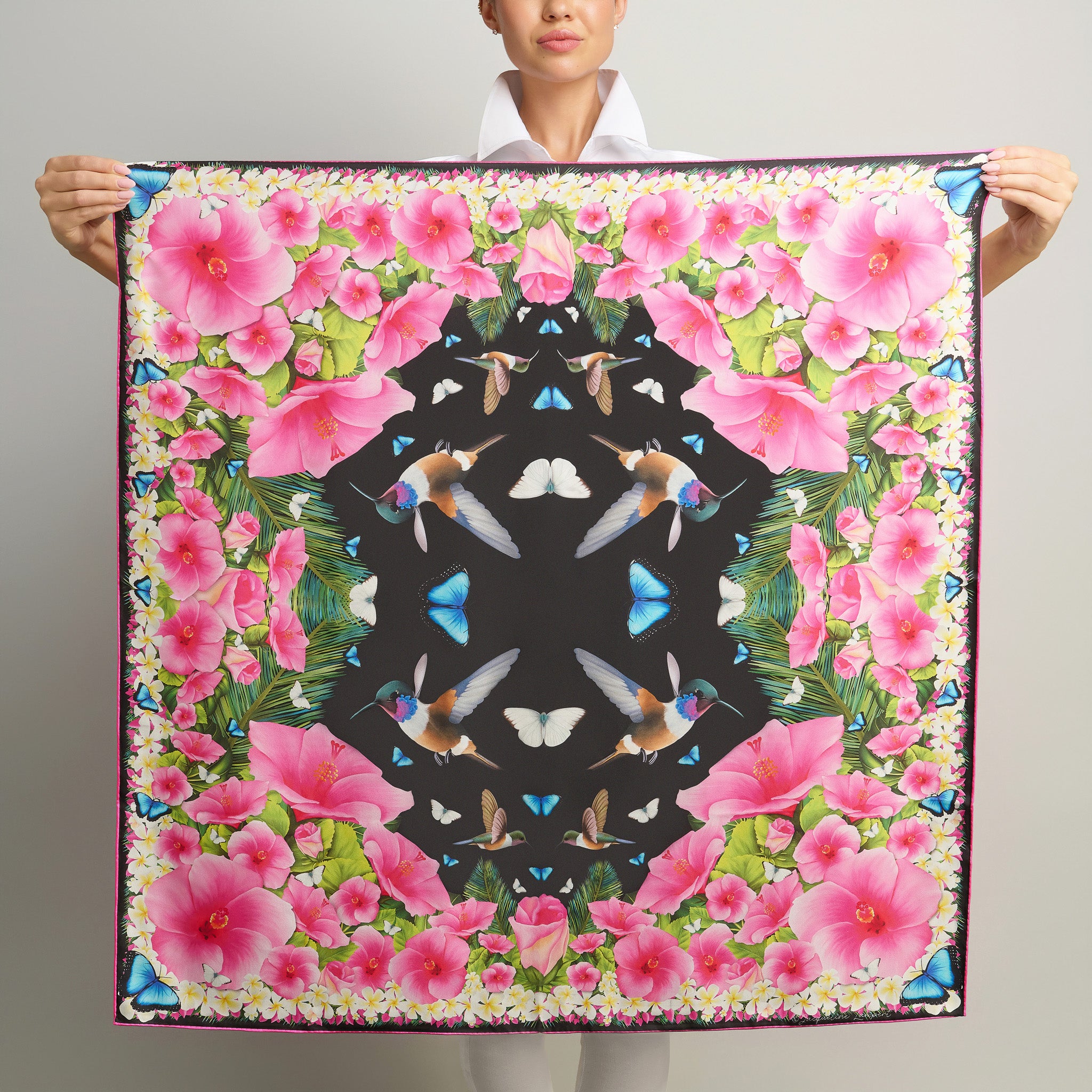 Bahama Hummingbird & Hibiscus Classic Silk Scarf in Black