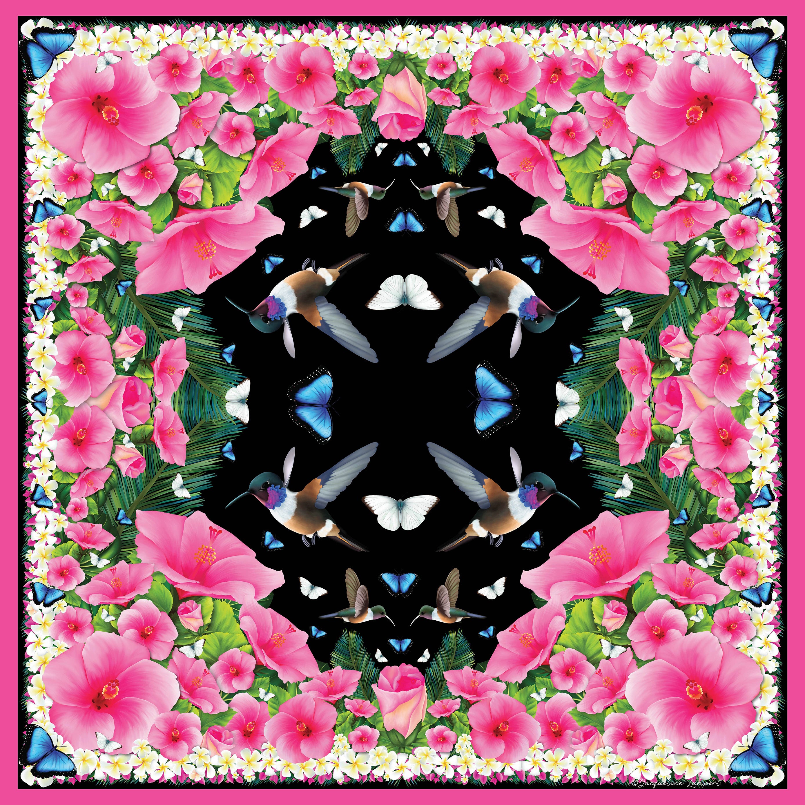 Bahama Hummingbird & Hibiscus Classic Silk Scarf in Black