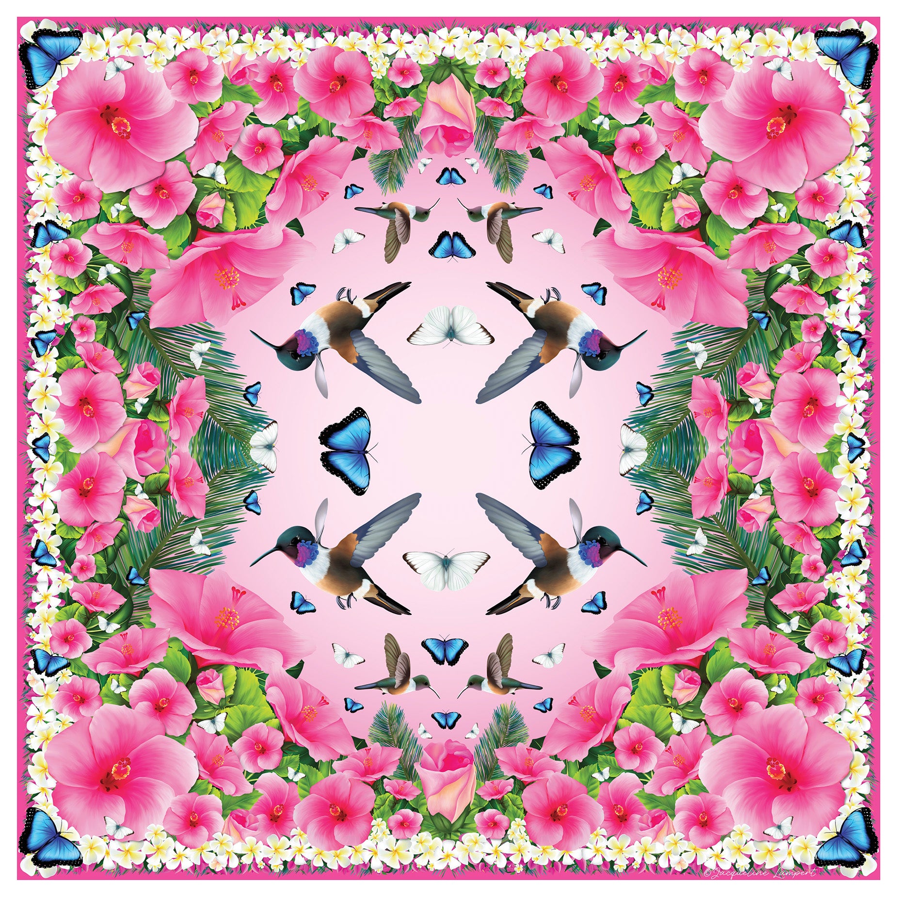 Bahama Hummingbird & Hibiscus Classic Silk Scarf in Pale Pink