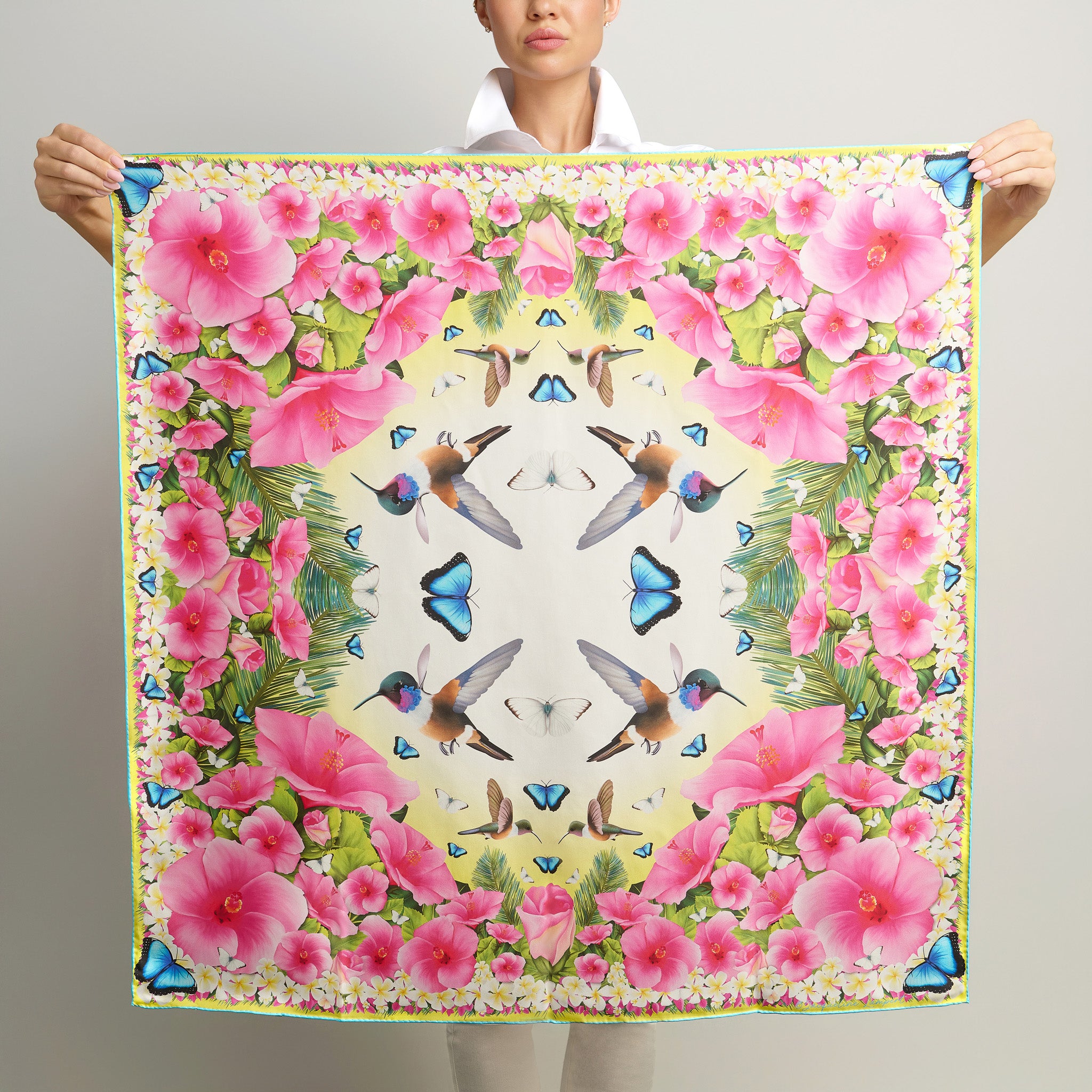 Yellow classic silk scarf with Caribbean hummingbirds hibiscus flowers butterflies and tropical floral artwork.
