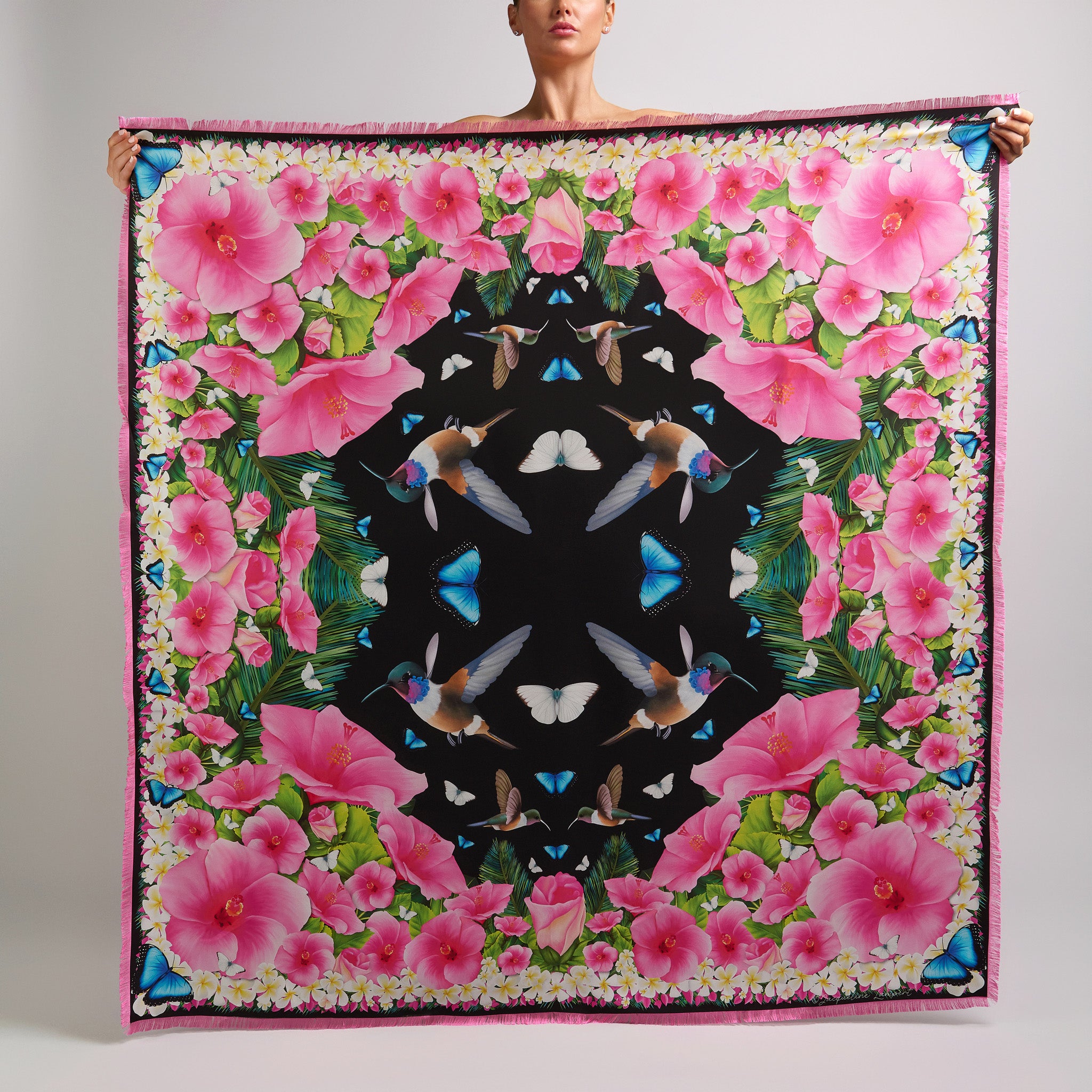 Black grande silk scarf featuring hand-drawn Bahama Woodstar hummingbirds, hibiscus flowers, blue morpho butterflies, Great Southern White butterflies, and frangipani inspired by the Caribbean