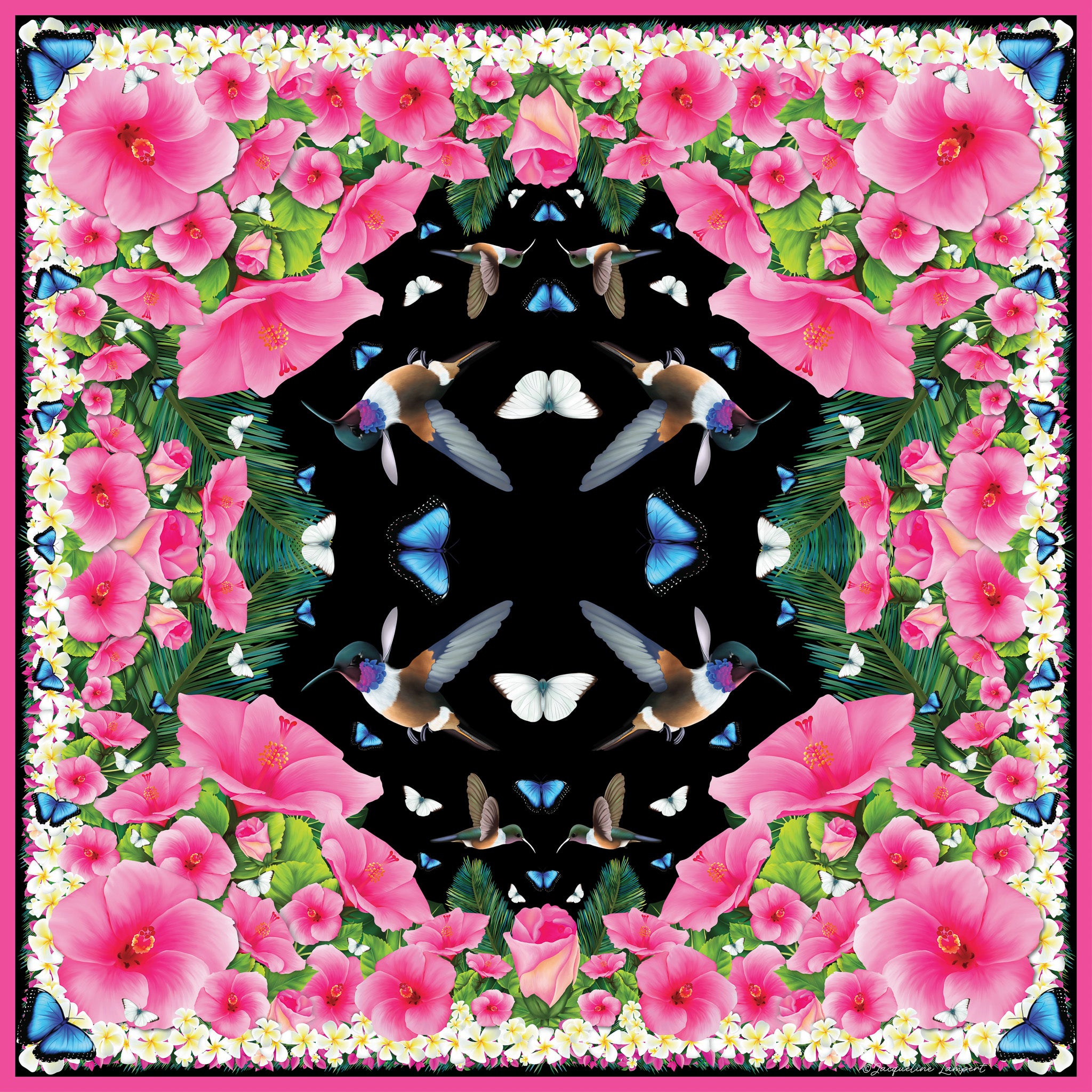 Hummingbirds & Hibiscus - Black Grande Silk Scarf