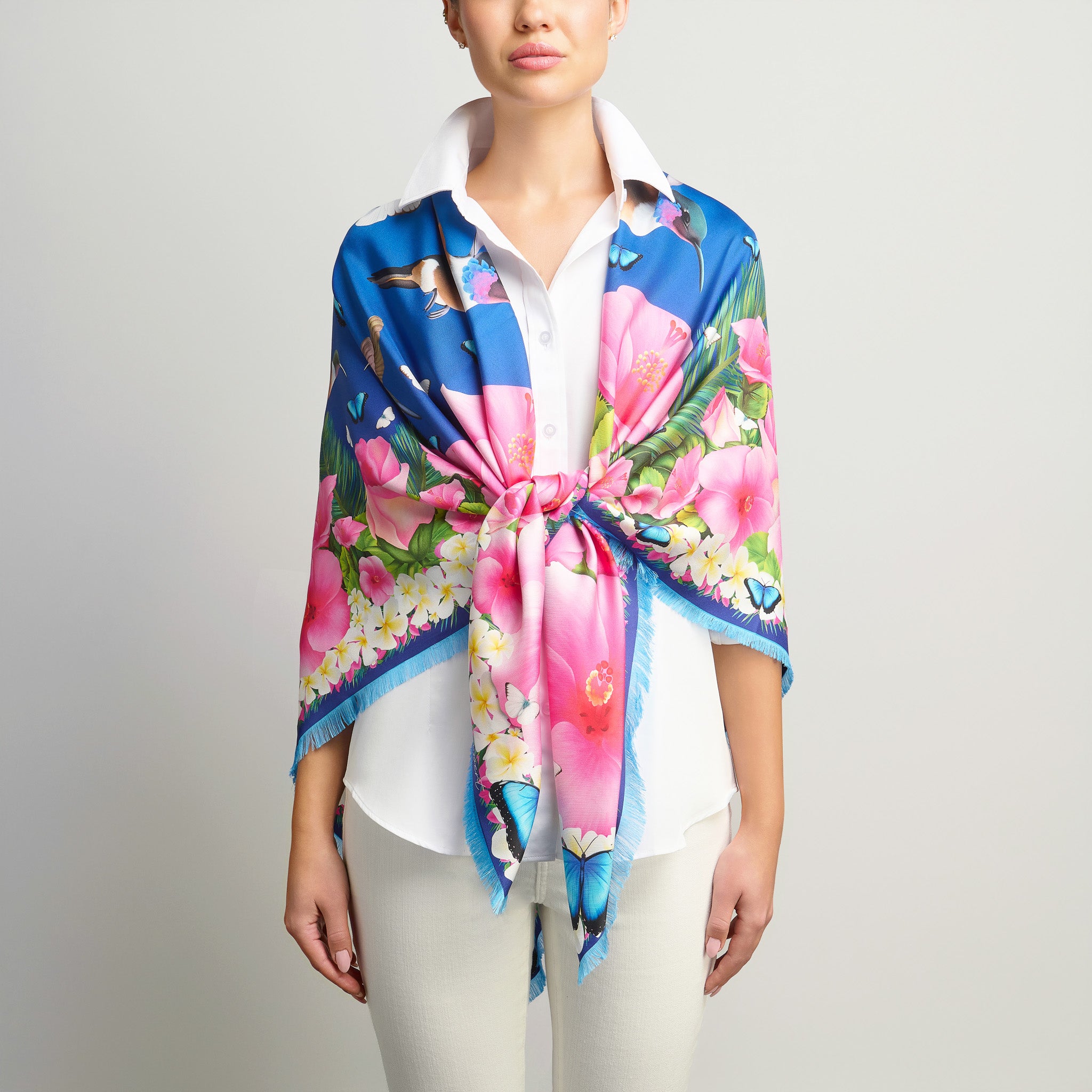 Hummingbirds & Hibiscus in Midnight Blue Grande Silk Scarf