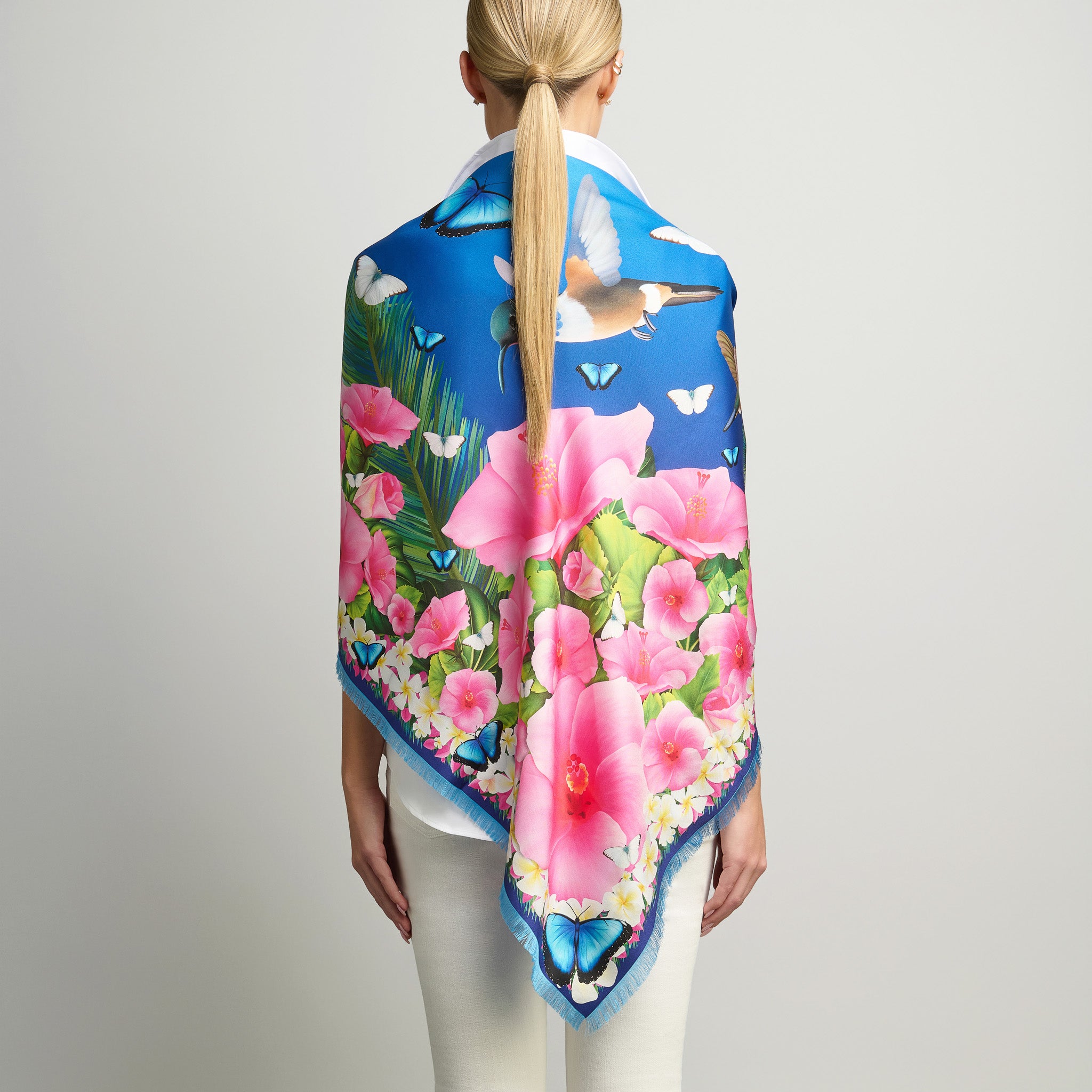 Hummingbirds & Hibiscus in Midnight Blue Grande Silk Scarf