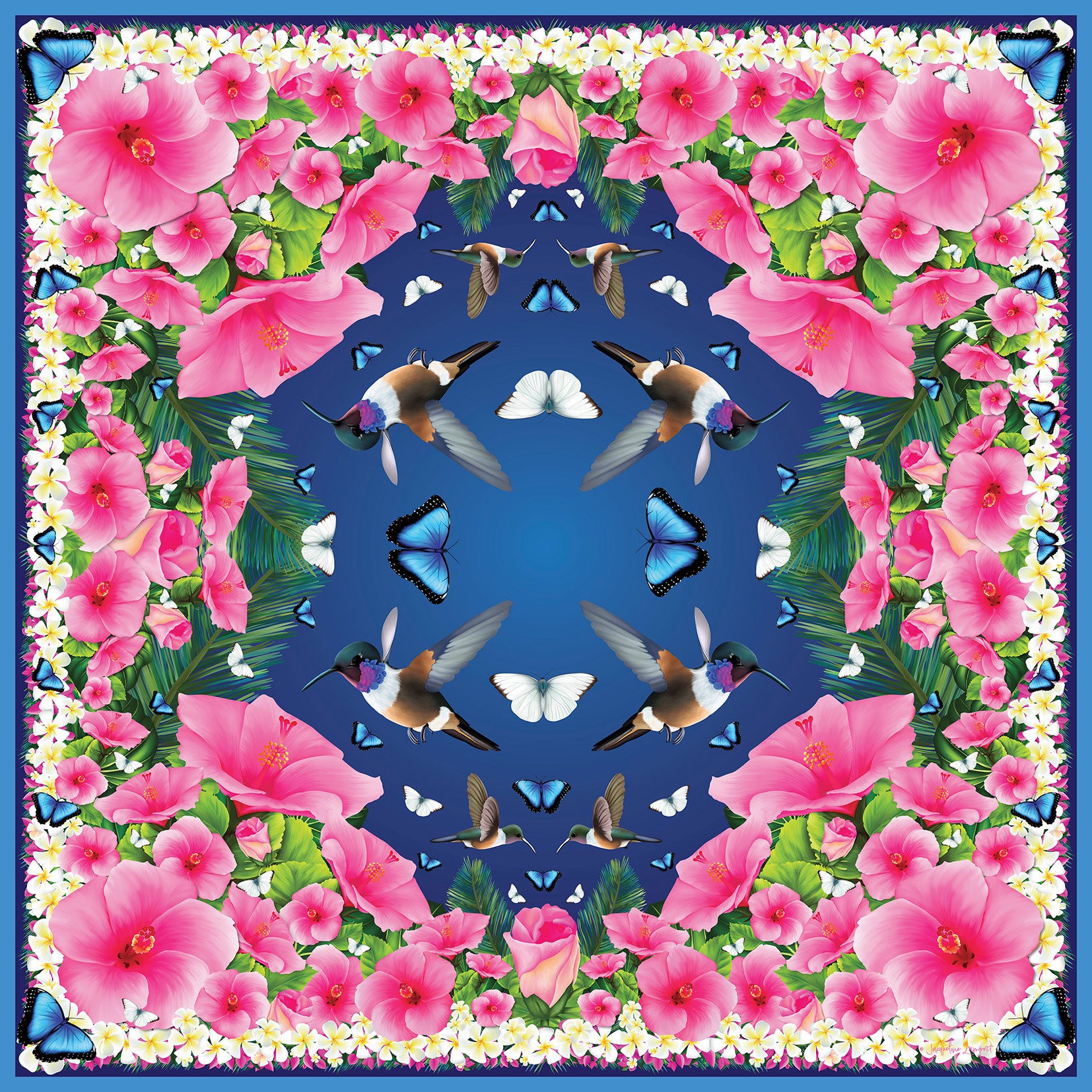 Hummingbirds & Hibiscus in Midnight Blue Grande Silk Scarf