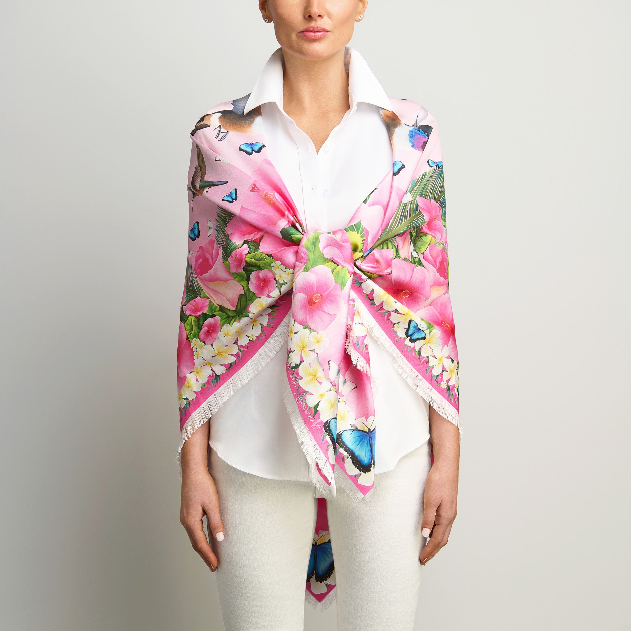 Hummingbirds & Hibiscus - Pale Pink Grande Silk Scarf