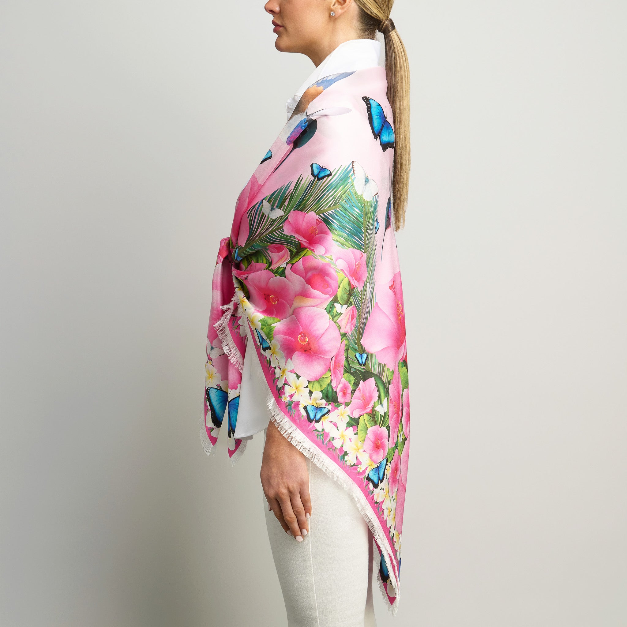 Hummingbirds & Hibiscus - Pale Pink Grande Silk Scarf