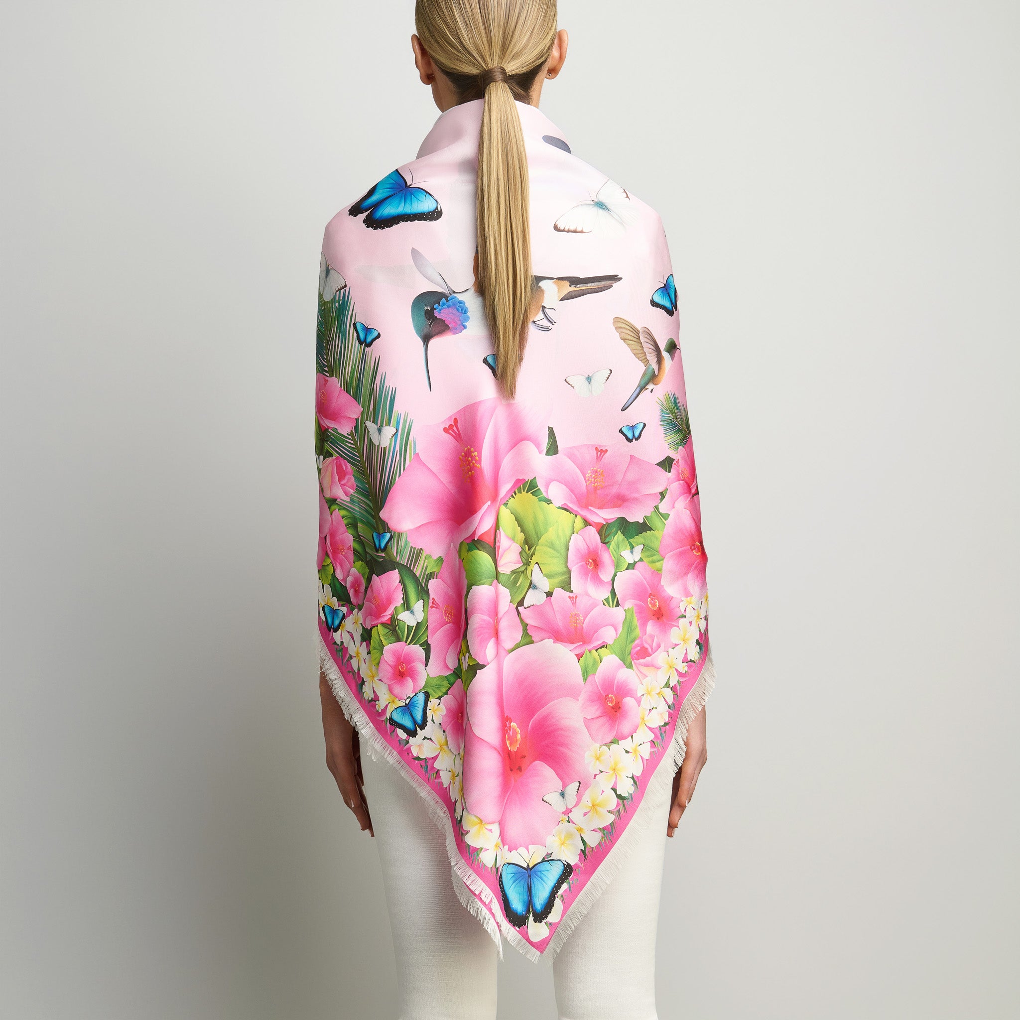 Hummingbirds & Hibiscus - Pale Pink Grande Silk Scarf