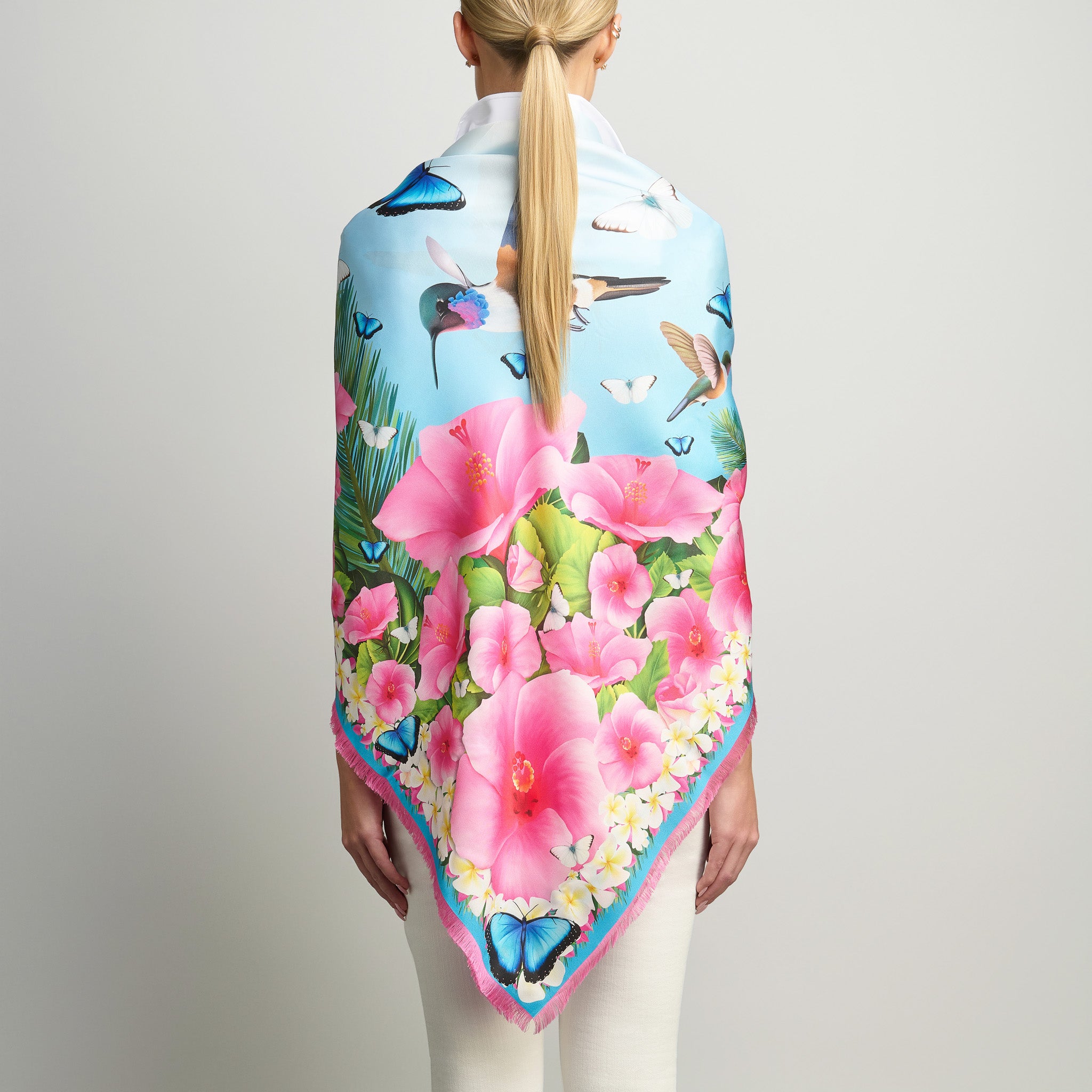 Hummingbirds & Hibiscus - Sky Blue Grande Silk Scarf