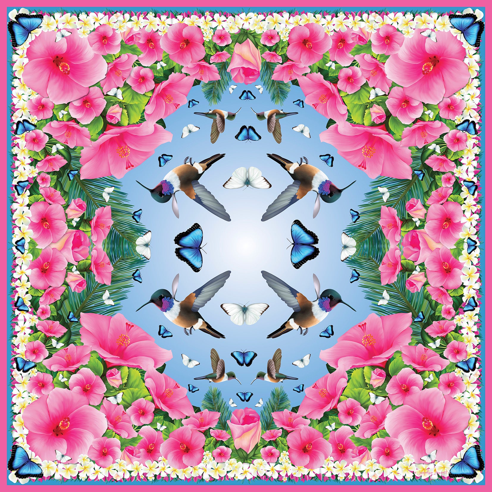 Hummingbirds & Hibiscus - Sky Blue Grande Silk Scarf