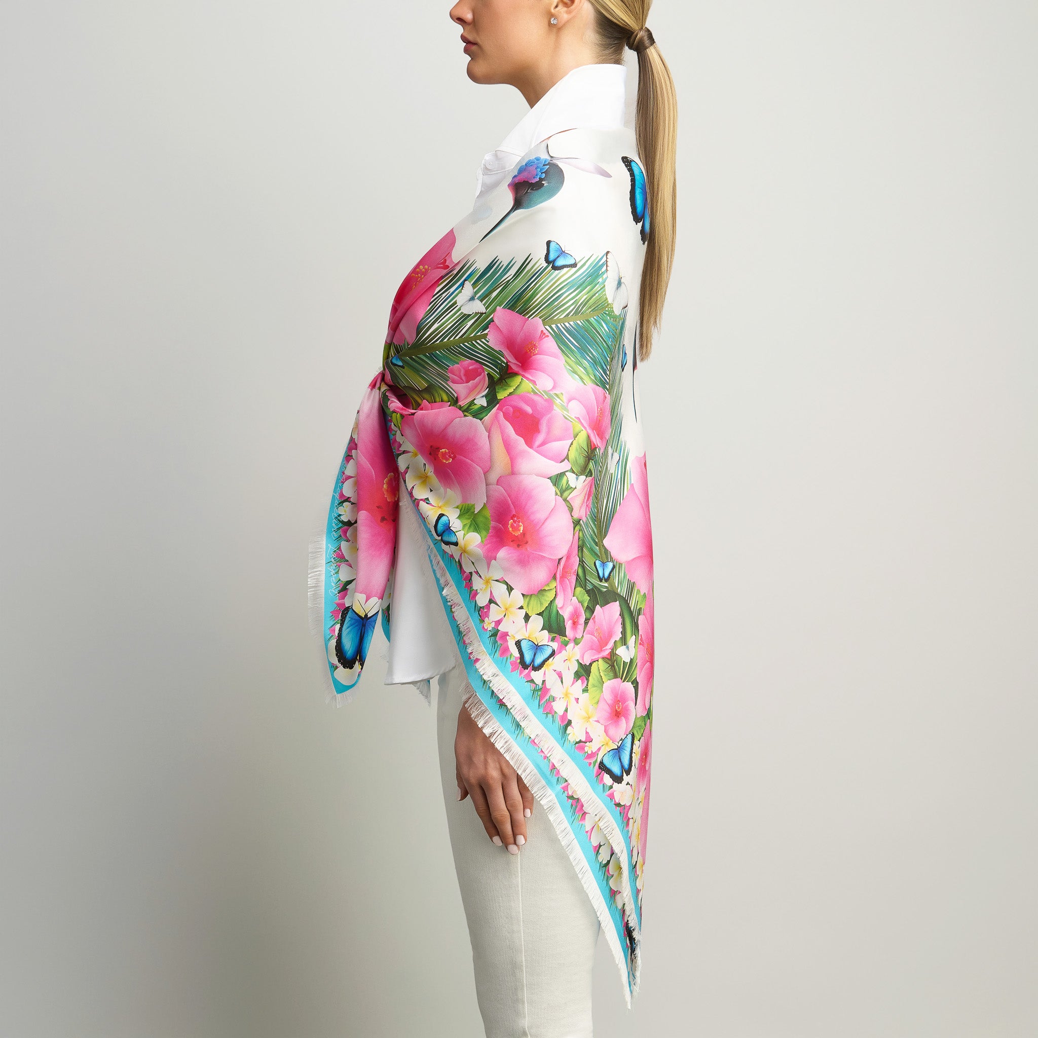 Hummingbirds & Hibiscus - White Grande Silk Scarf