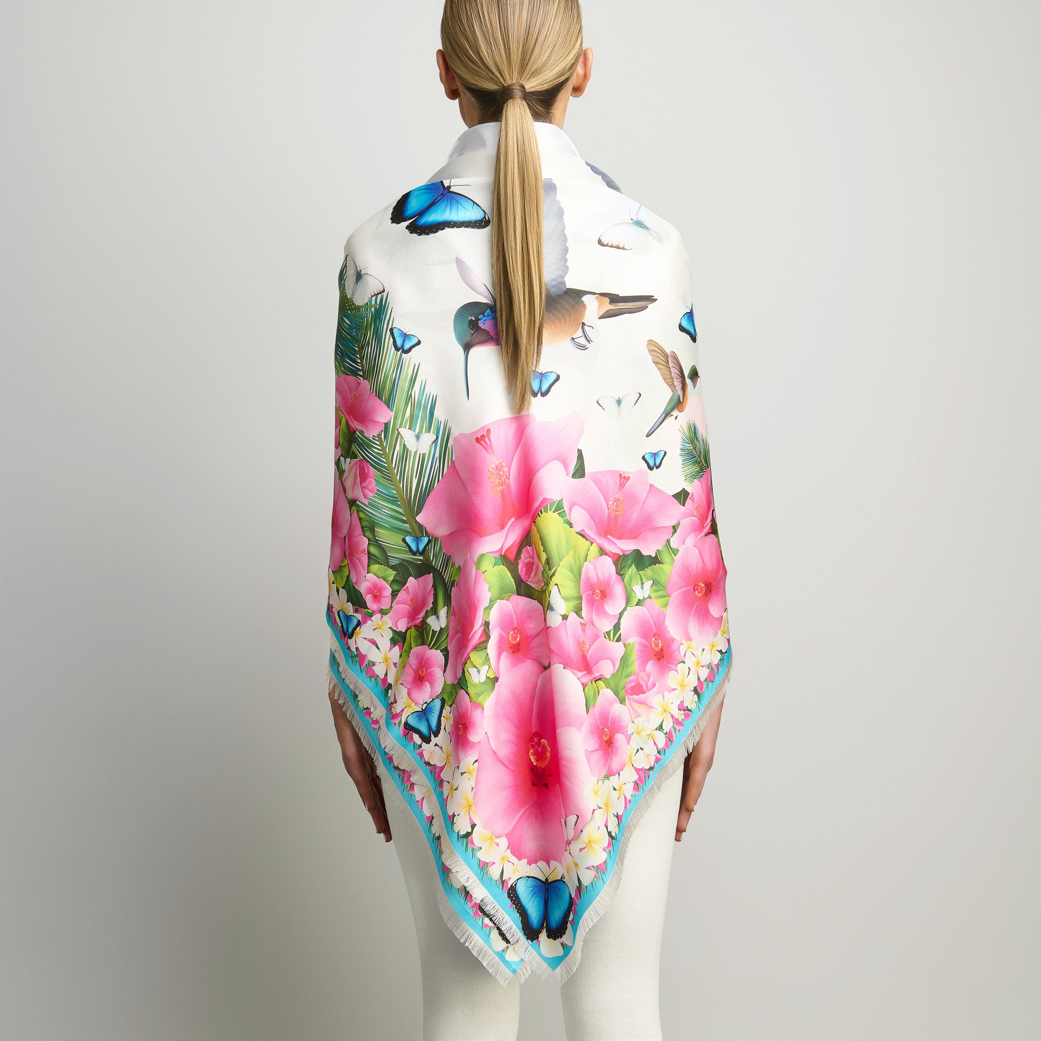 Hummingbirds & Hibiscus - White Grande Silk Scarf