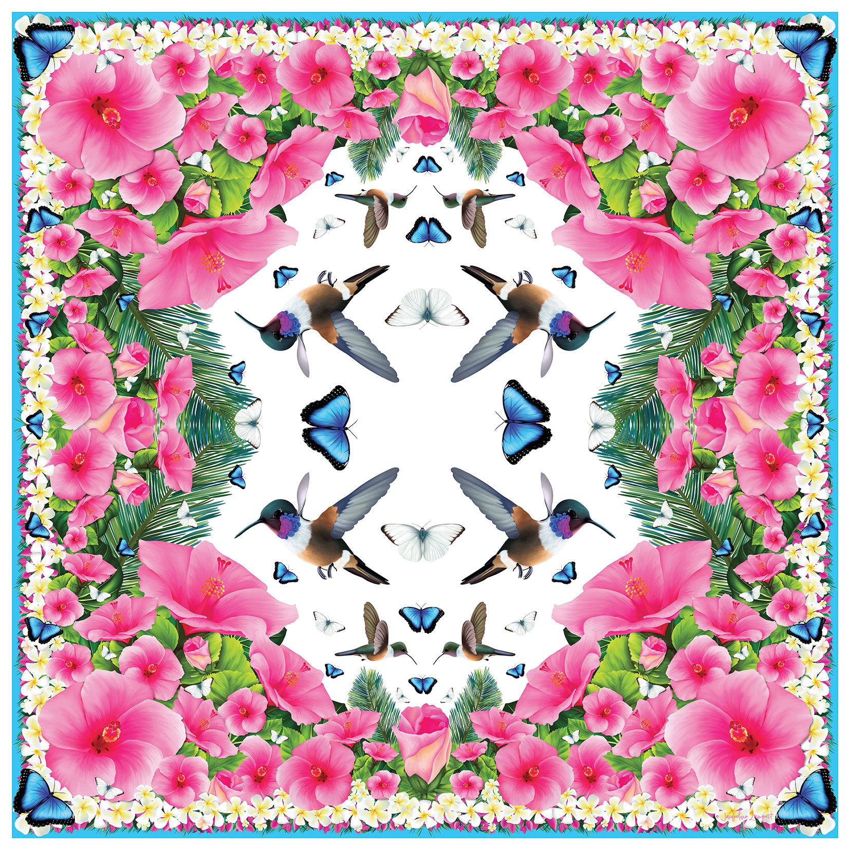 Hummingbirds & Hibiscus - White Grande Silk Scarf